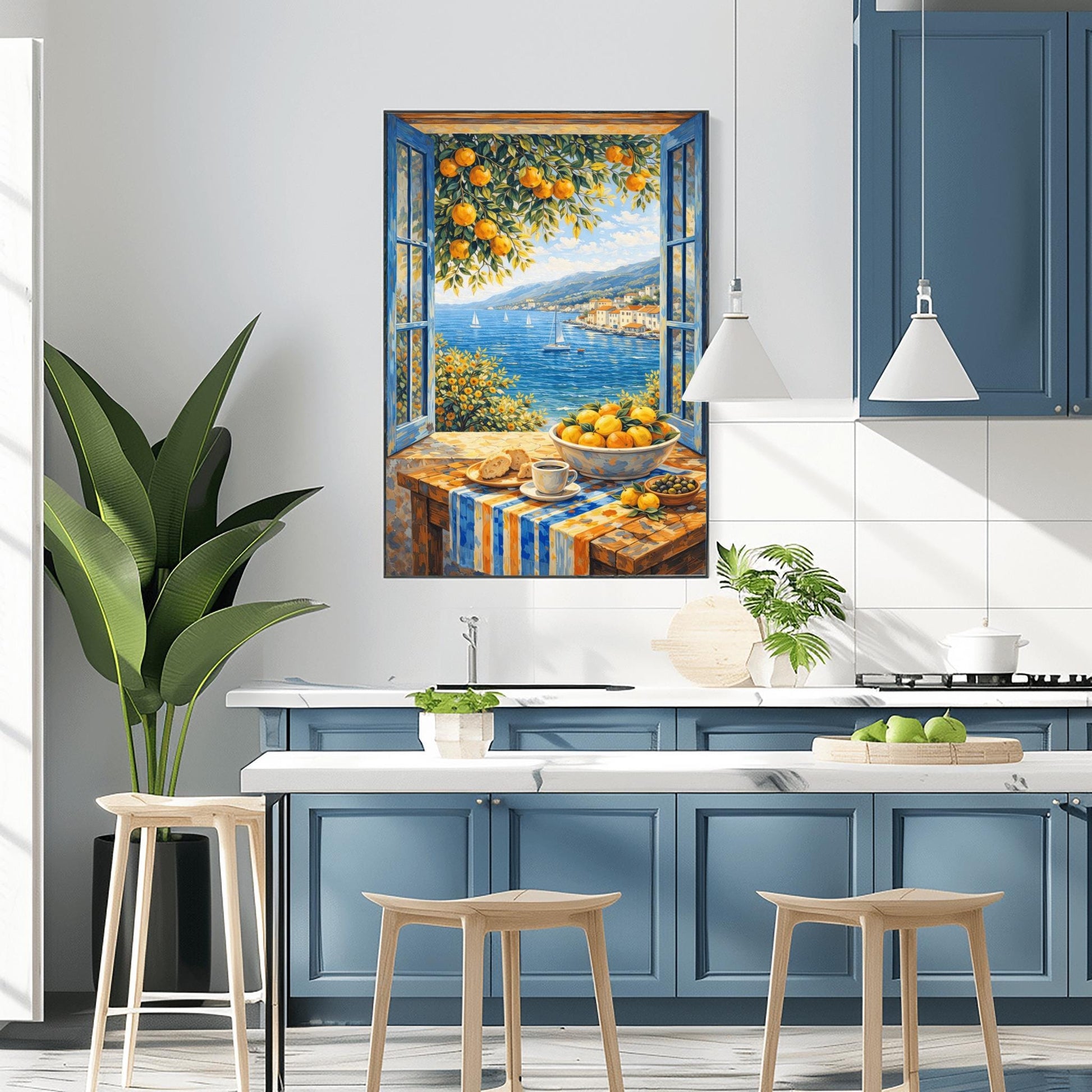 A vertical painterly illustration of a breakfast table in front of an open window with blue shutters. On the table is a cup of coffee, croissants, olives, and a bowl of oranges. Outside the window is a blue sea with sailboats and a coastal town under a bright sky.