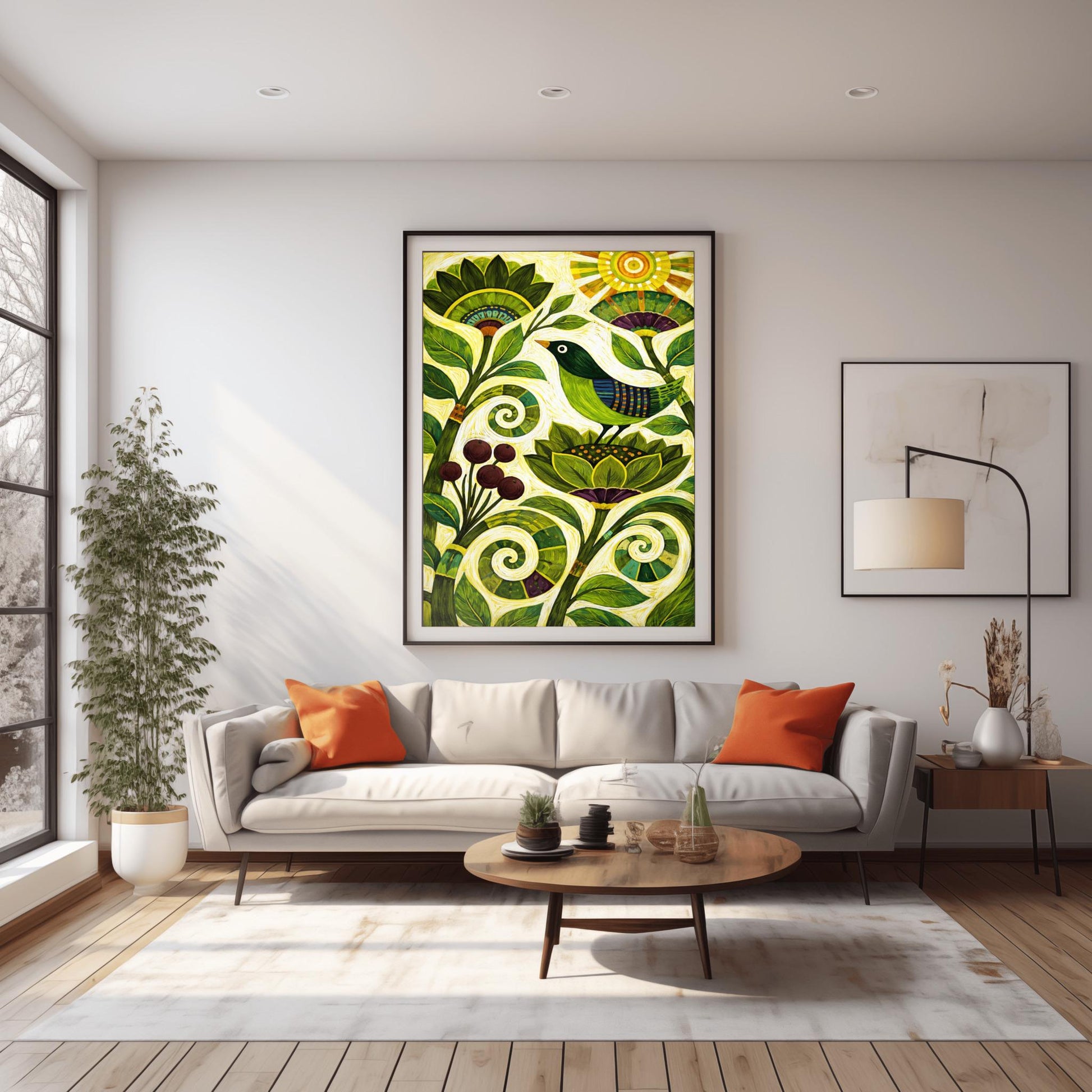A vertical folk-style art print. A green-headed bird with a blue and purple striped wing sits on a large, stylized green flower. Swirling vines and leaves in various shades of green fill the bottom half of the frame, accompanied by a cluster of dark purple berries. In the top right corner, a bright yellow sun with concentric circles and rectangular rays shines down. The background is a textured off-white with fine, rhythmic brushstrokes throughout the composition.