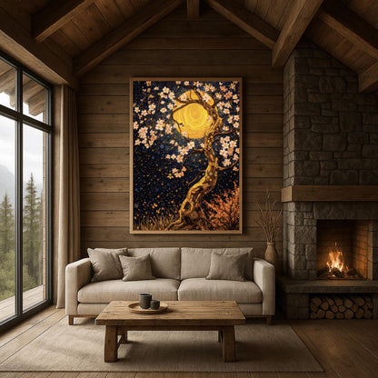 A vertical fine art print in the style of Gustav Klimt. A twisting tree trunk made of gold and bronze mosaic tiles features delicate white blossoms. A massive, swirling golden moon sits behind the branches against a dark navy sky filled with star patterns and blue circles.