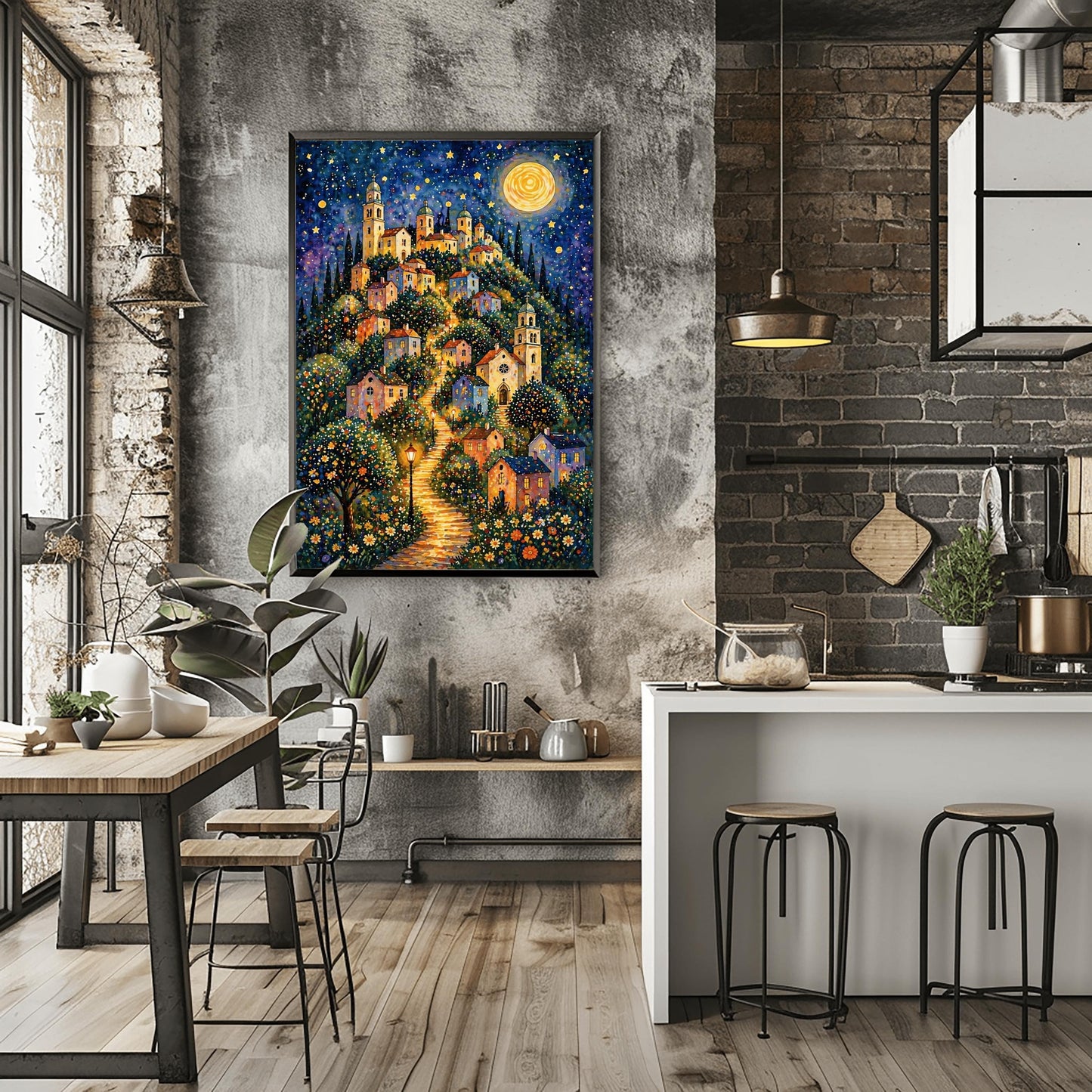 A vertical art print in a vibrant mosaic style. A winding, glowing stone path leads up a steep hill through a village of pastel-colored houses and tall, domed church towers. The scene is lit by warm streetlamps and a massive, golden full moon in a starry indigo sky. The foreground is filled with a dense field of small, colorful wildflowers, and the entire image is composed of shimmering, jewel-toned patterns.