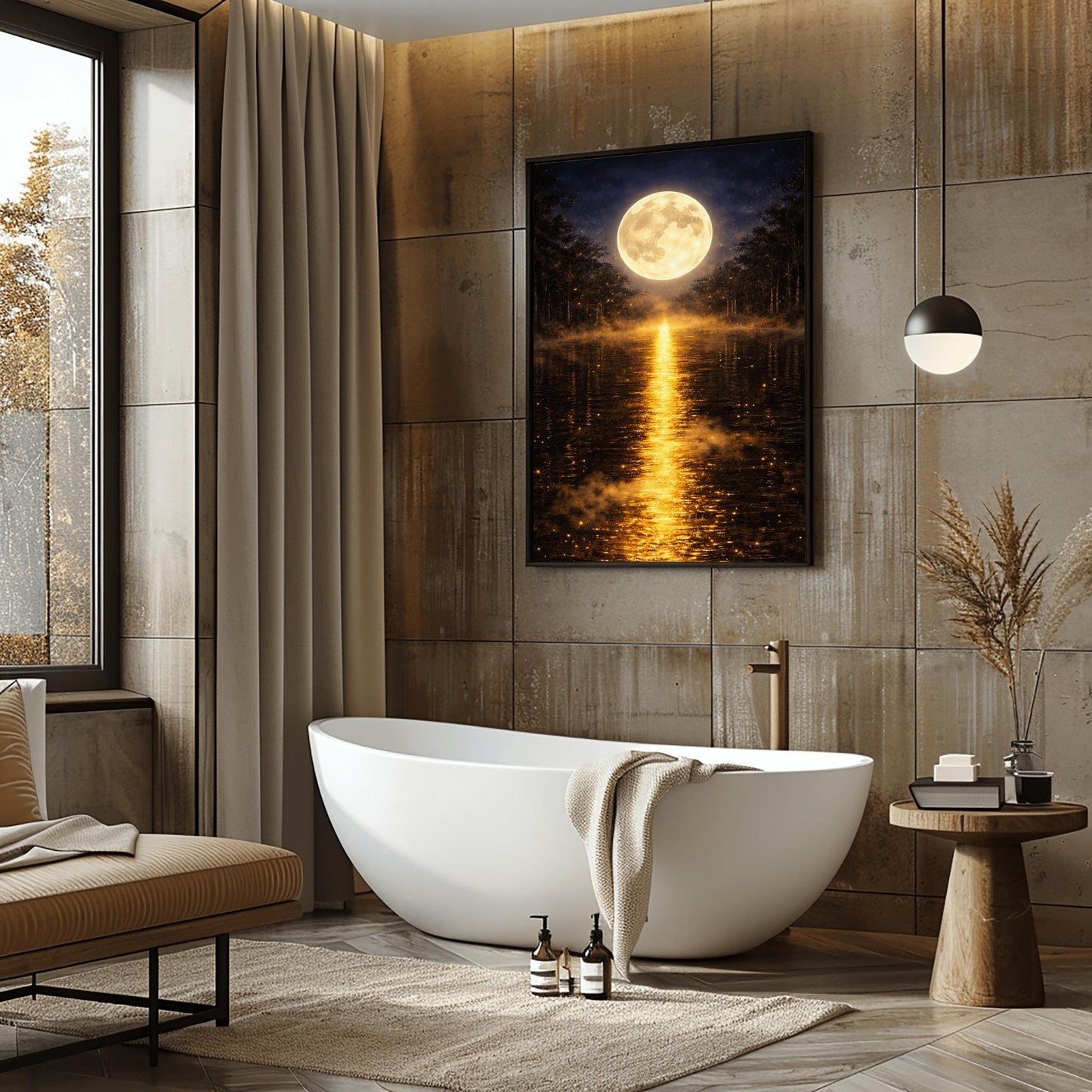 A vertical Art Nouveau-style illustration of a calm lake at night. A large, radiant golden moon is centered in the sky, reflecting a long, shimmering path of golden light vertically down the water. The shoreline is silhouetted by dark trees and a golden mist filled with fireflies.