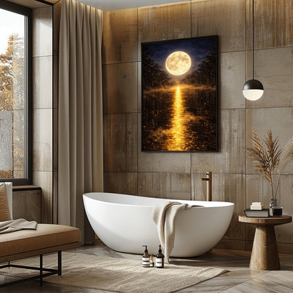 A vertical Art Nouveau-style illustration of a calm lake at night. A large, radiant golden moon is centered in the sky, reflecting a long, shimmering path of golden light vertically down the water. The shoreline is silhouetted by dark trees and a golden mist filled with fireflies.