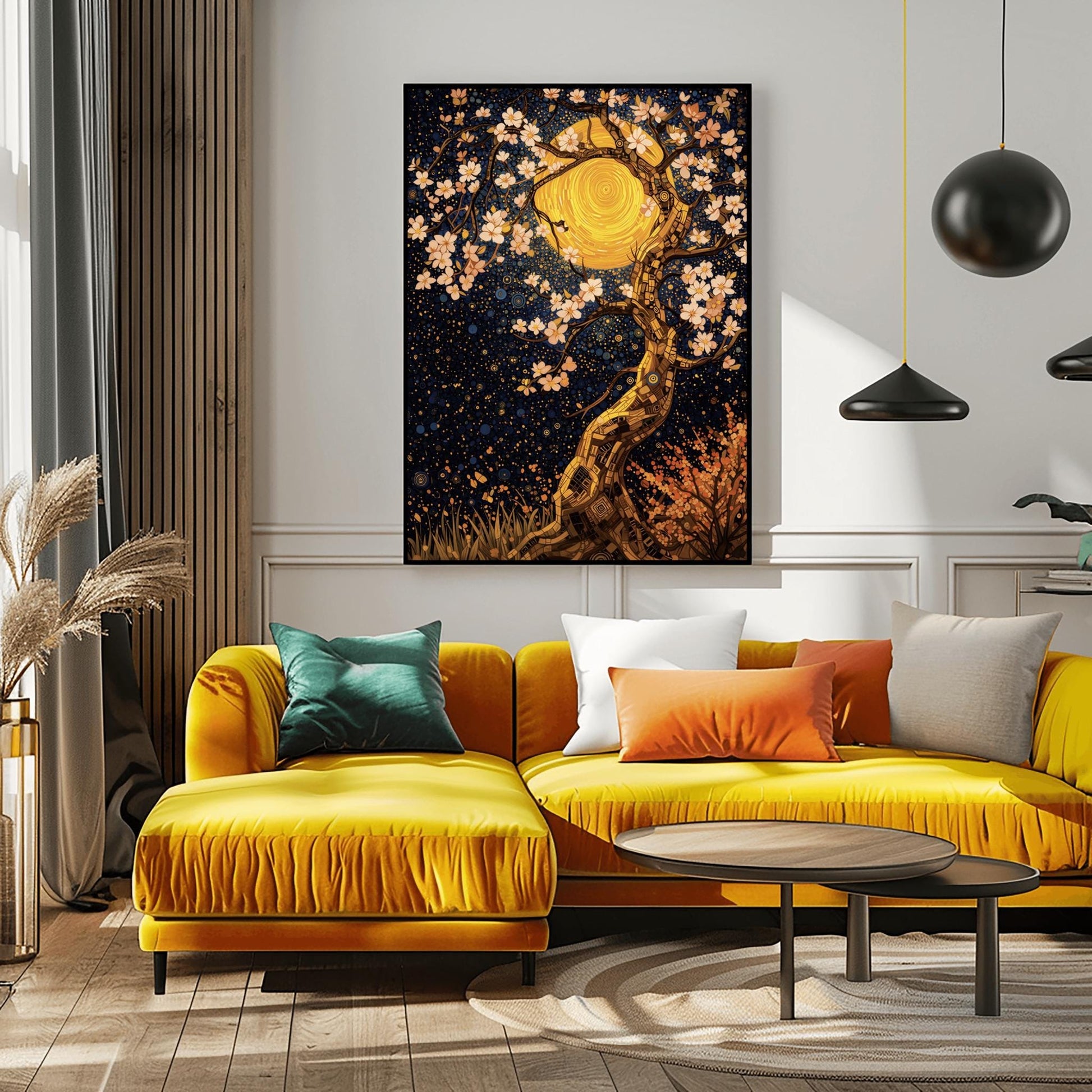 A vertical fine art print in the style of Gustav Klimt. A twisting tree trunk made of gold and bronze mosaic tiles features delicate white blossoms. A massive, swirling golden moon sits behind the branches against a dark navy sky filled with star patterns and blue circles.