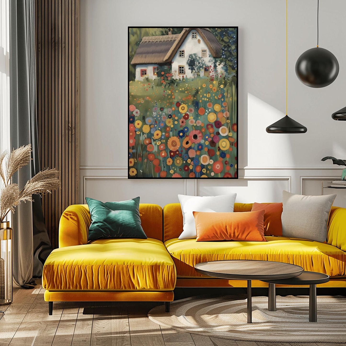 A vertical oil painting in the style of Gustav Klimt. A white-washed cottage with a brown thatched roof sits behind a dense field of colorful, circular wildflowers in shades of orange, red, blue, and yellow. The style features heavy, decorative textures and subtle golden highlights throughout the garden and roof.