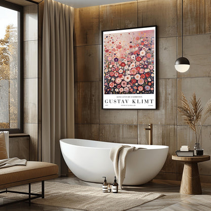 A vertical fine art painting in the style of Gustav Klimt. A dense field of stylized, circular wildflowers in shades of pink, rose, peach, and white fills the bottom two-thirds of the canvas. The background is a misty, textured gradient of soft pink and grey. The style is highly decorative with mosaic-like floral patterns and subtle golden highlights.