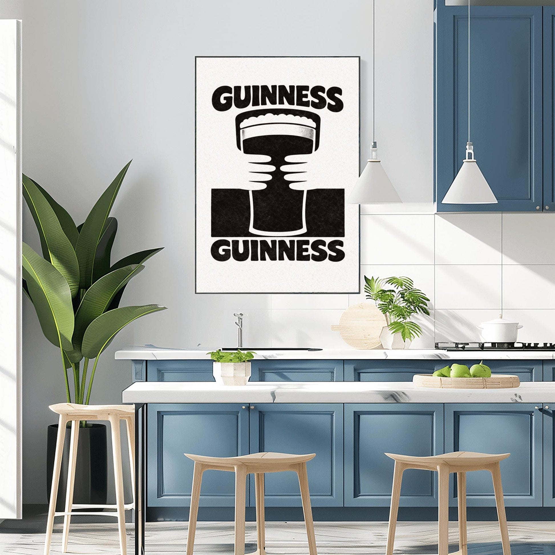 A vertical black and white minimalist graphic. Two white hands hold a central pint of Guinness from both sides. The word "GUINNESS" appears in bold black text both at the top and the bottom of the cream-colored background.