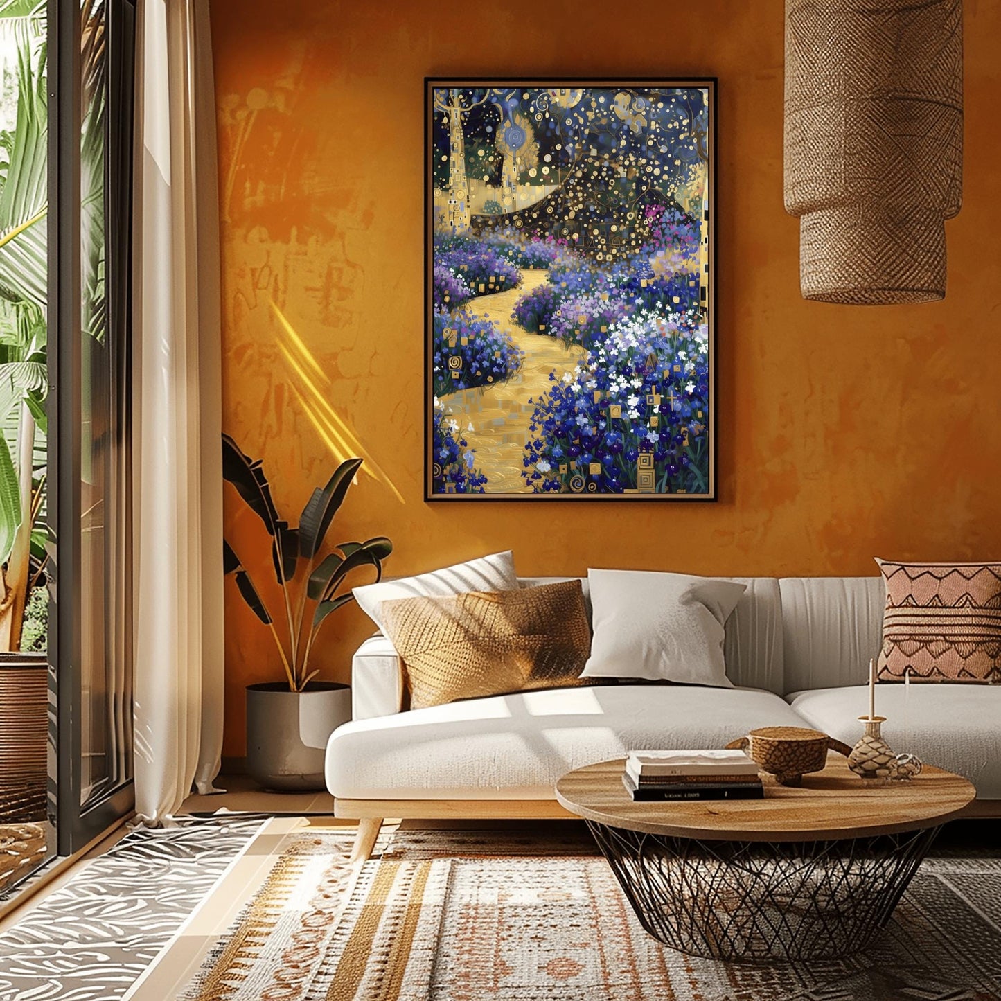 A vertical fine art print in the style of Gustav Klimt. A winding, textured golden path leads through a garden of blue and purple flowers. Stylized trees with golden mosaic patterns on their trunks stand on the sides under a dark blue sky filled with golden circles and star-like shapes.