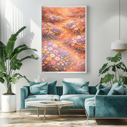 A vertical, highly detailed Art Nouveau-style illustration of a dense wildflower meadow. Stylized flowers in shades of lavender, coral, and orange are outlined in gold. Shimmering golden particles float between the blooms against a warm, glowing amber background.