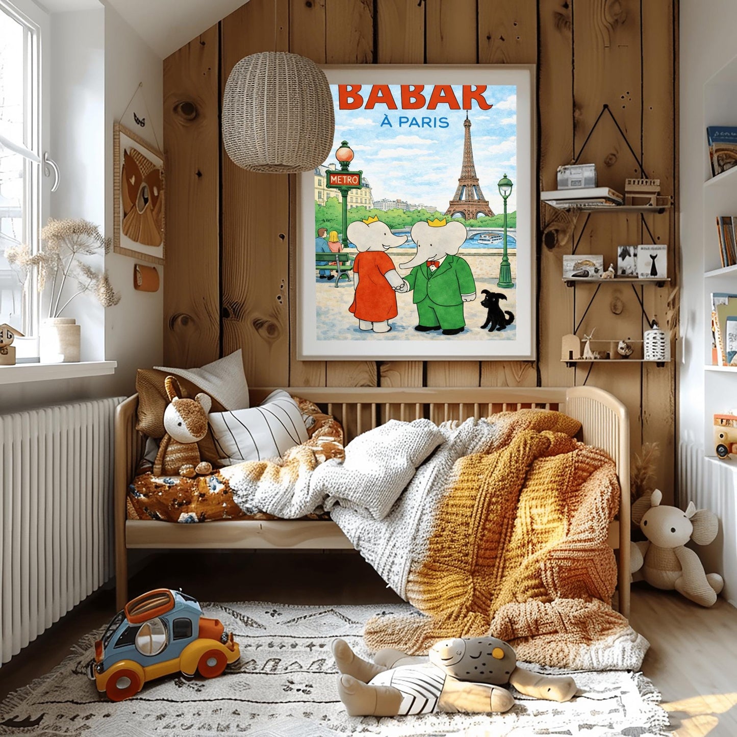 A vertical children's illustration poster titled "BABAR À PARIS" in large red and blue letters. King Babar, in a green suit, and Queen Celeste, in a red dress, are holding hands on a sidewalk in Paris. The Eiffel Tower is visible in the background across a river with a stone bridge and boat. To the left is a green "METRO" sign, and a small black dog sits to the right. The name "Laurent de Brunhoff" is at the bottom.