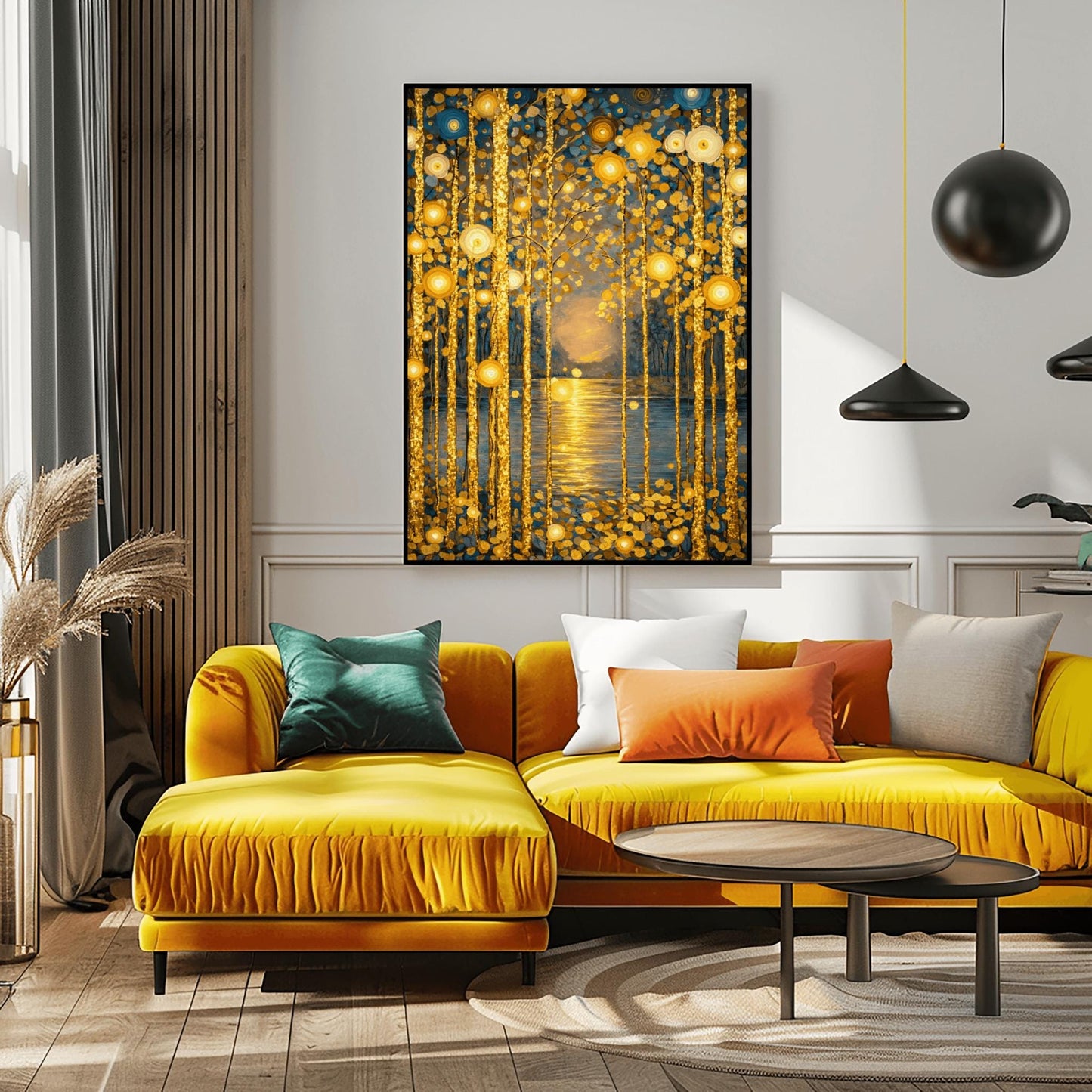 A vertical fine art print in the style of Gustav Klimt. Several slender tree trunks made of sparkling gold leaf stand in the foreground. They are adorned with glowing gold and ivory circular patterns. A calm river in the center reflects a soft, hazy golden sun on the horizon. The background is a soft blue-grey.