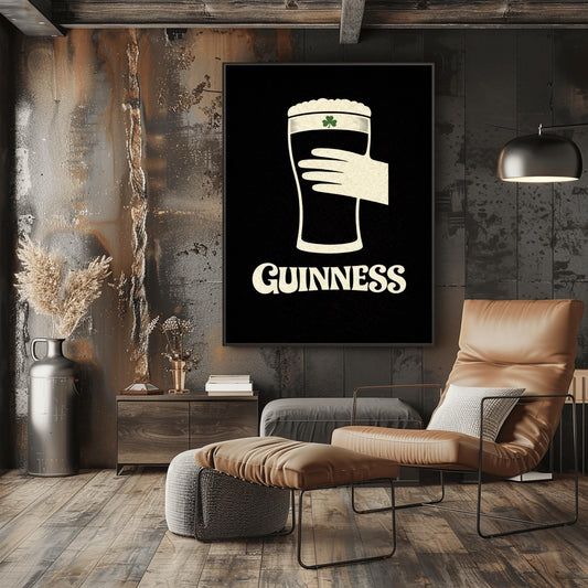 A vertical minimalist graphic design on a textured black background. A cream-colored hand is shown holding a pint of Guinness stout, with the glass itself created out of negative space. A small green shamrock is on the foam. The word "GUINNESS" is in cream text at the bottom.