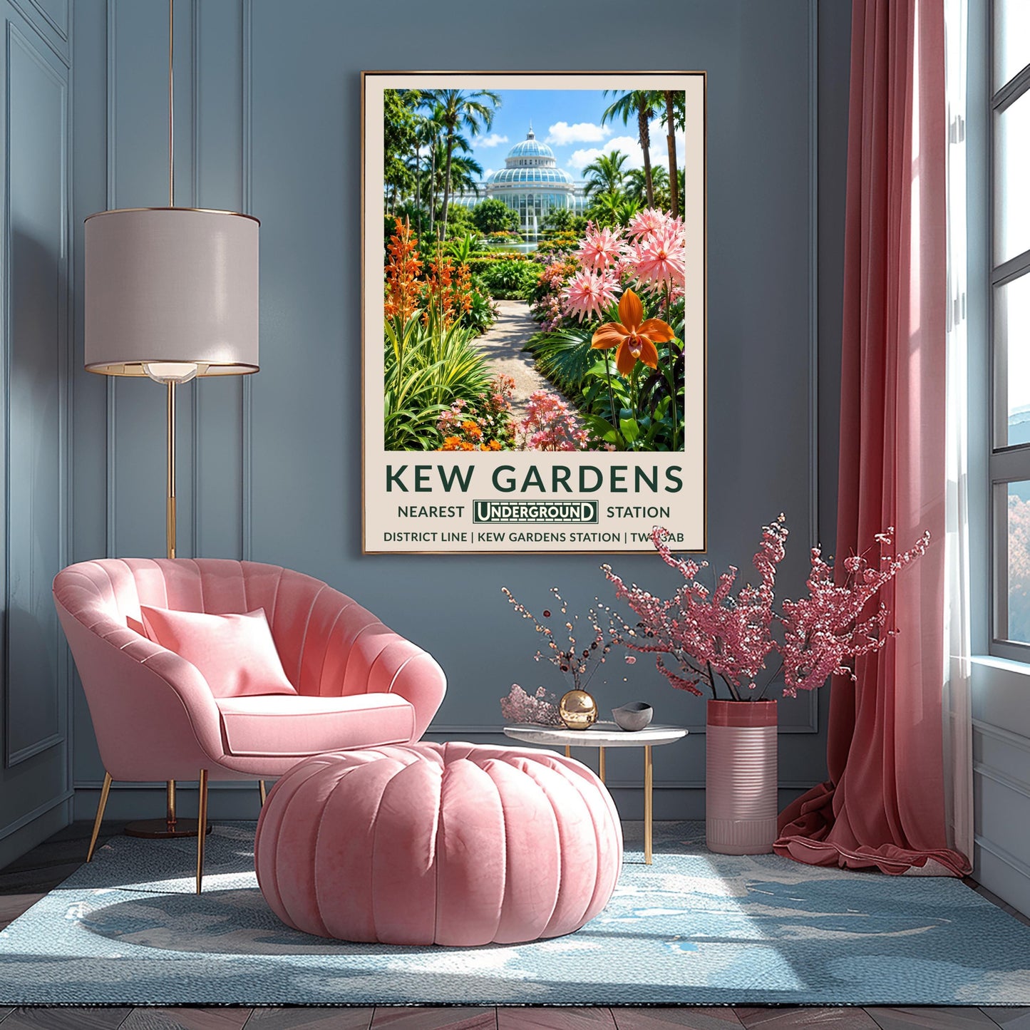 A vertical retro London Underground travel poster for Kew Gardens on a wide cream border. The top image shows a sun-drenched exterior view of the historic white iron-and-glass Palm House dome under a bright blue sky with light clouds. A stone path in the center is flanked by a lush tropical garden featuring towering palm trees, a large prominent orange orchid blossom on the right alongside spiky pink flowers, and tall orange torch lilies on the left.