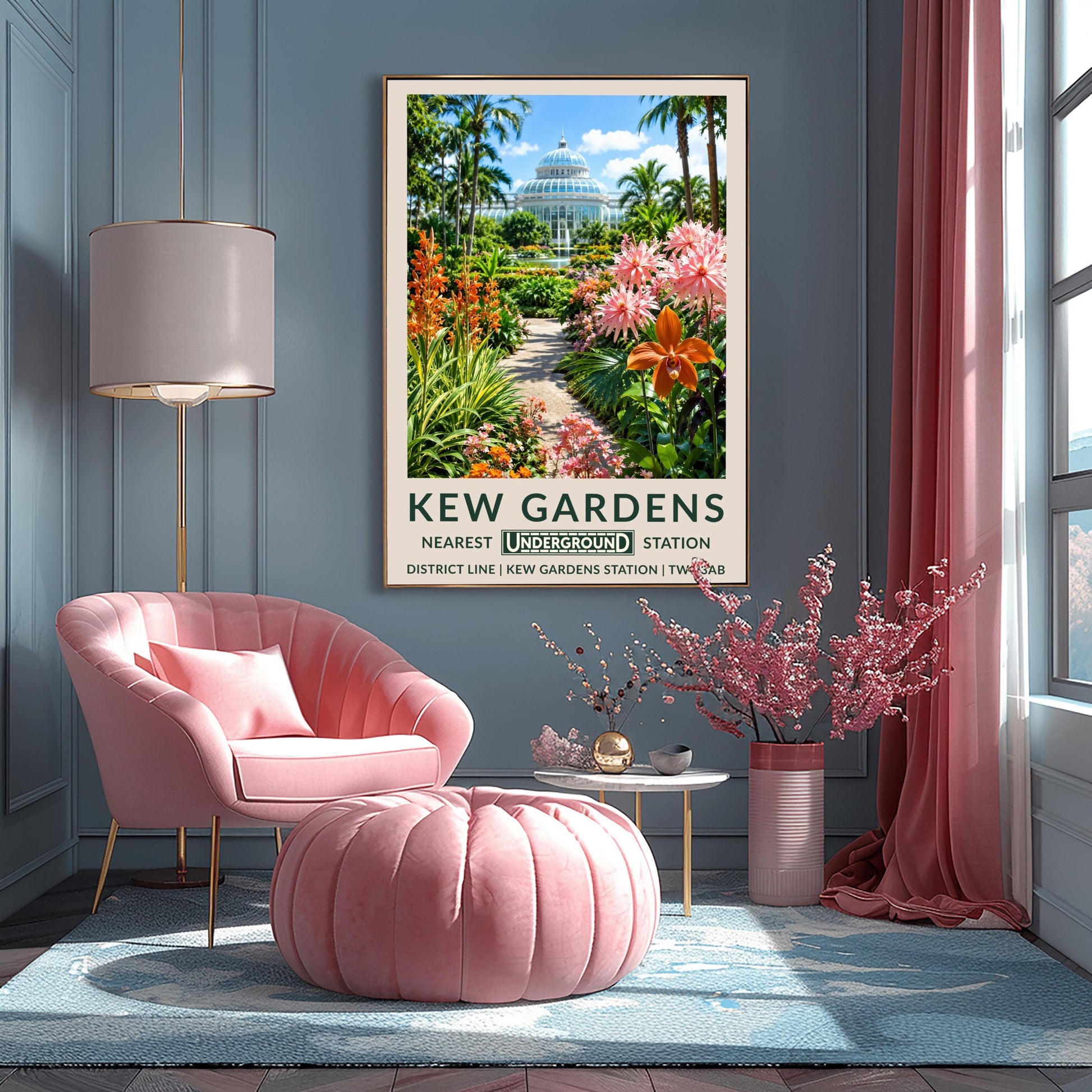 A vertical retro London Underground travel poster for Kew Gardens on a wide cream border. The top image shows a sun-drenched exterior view of the historic white iron-and-glass Palm House dome under a bright blue sky with light clouds. A stone path in the center is flanked by a lush tropical garden featuring towering palm trees, a large prominent orange orchid blossom on the right alongside spiky pink flowers, and tall orange torch lilies on the left.