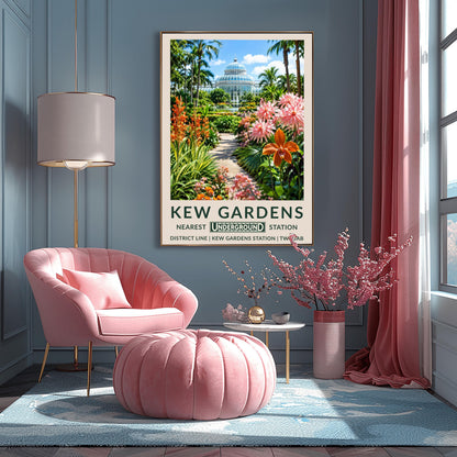 A vertical retro London Underground travel poster for Kew Gardens on a wide cream border. The top image shows a sun-drenched exterior view of the historic white iron-and-glass Palm House dome under a bright blue sky with light clouds. A stone path in the center is flanked by a lush tropical garden featuring towering palm trees, a large prominent orange orchid blossom on the right alongside spiky pink flowers, and tall orange torch lilies on the left.