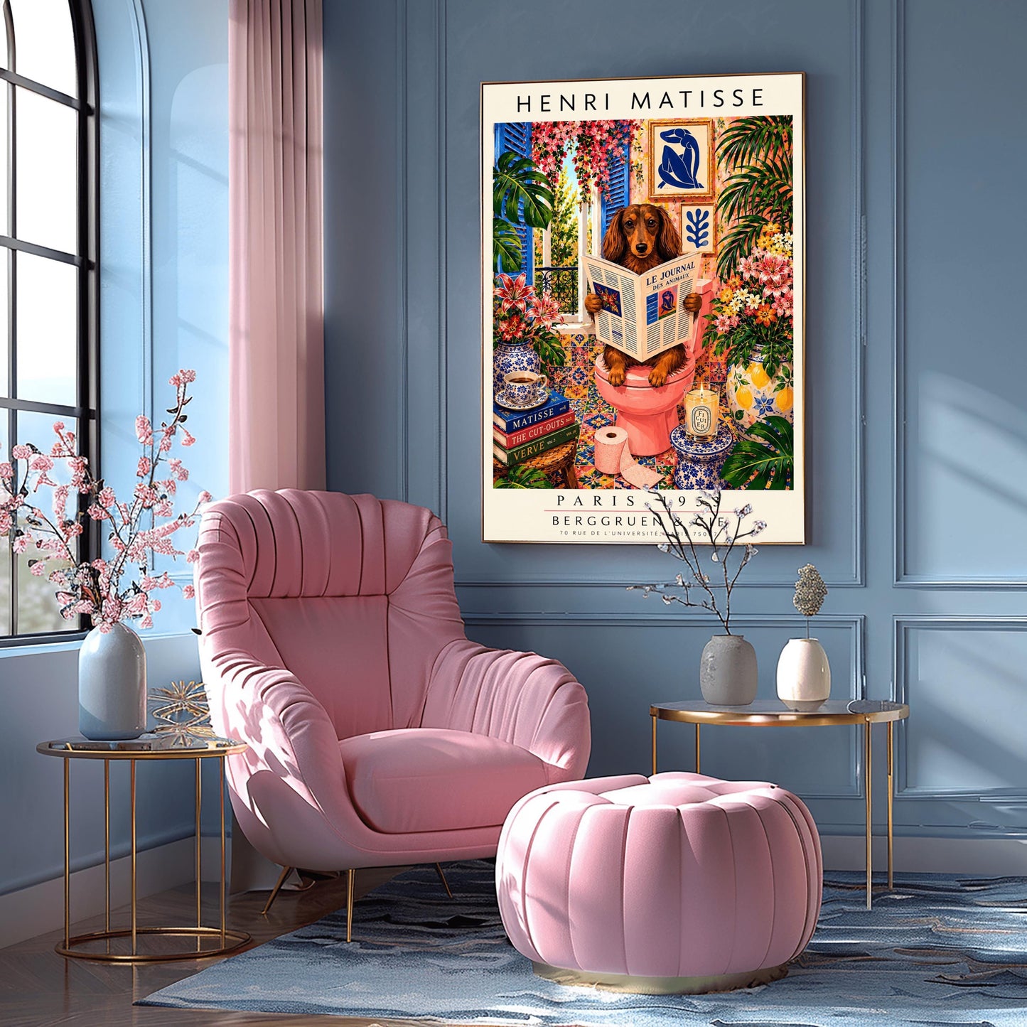 A vertical vintage-style art exhibition poster titled "HENRI MATISSE" at the top and "PARIS 1953 BERGGRUEN & CIE" at the bottom. The main image features a long-haired brown Dachshund dog sitting on a pink toilet inside an incredibly ornate bathroom, reading a newspaper titled "LE JOURNAL DES ANIMAUX". The background is a dense, colorful display of patterned wall tiles, framed Matisse paper cutouts, large green tropical houseplants, and vases full of pink lilies and flowers.