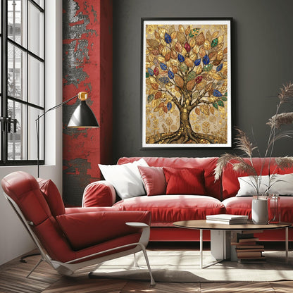 A vertical fine art print in the style of Gustav Klimt. A large, ornate tree with golden swirling branches is centered against a light-gold background. The leaves of the tree are rendered as colorful mosaic jewels in deep blue, red, and green. The entire scene is filled with intricate gold leaf patterns, spirals, and geometric symbols.