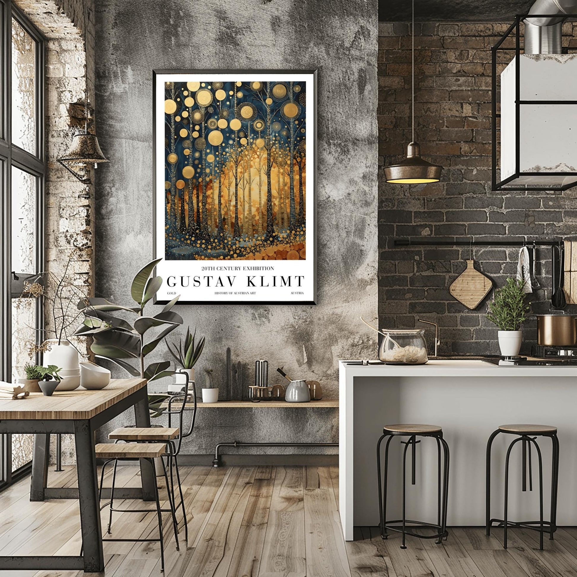 A vertical exhibition-style poster for a Gustav Klimt exhibit. The artwork features tall, slender trees with black bark covered in intricate gold scrolls and geometric patterns. Large, textured golden orbs float in the upper canopy. A warm, glowing light radiates from the center of the forest. The bottom margin features bold text reading "GUSTAV KLIMT" and "20TH CENTURY EXHIBITION."
