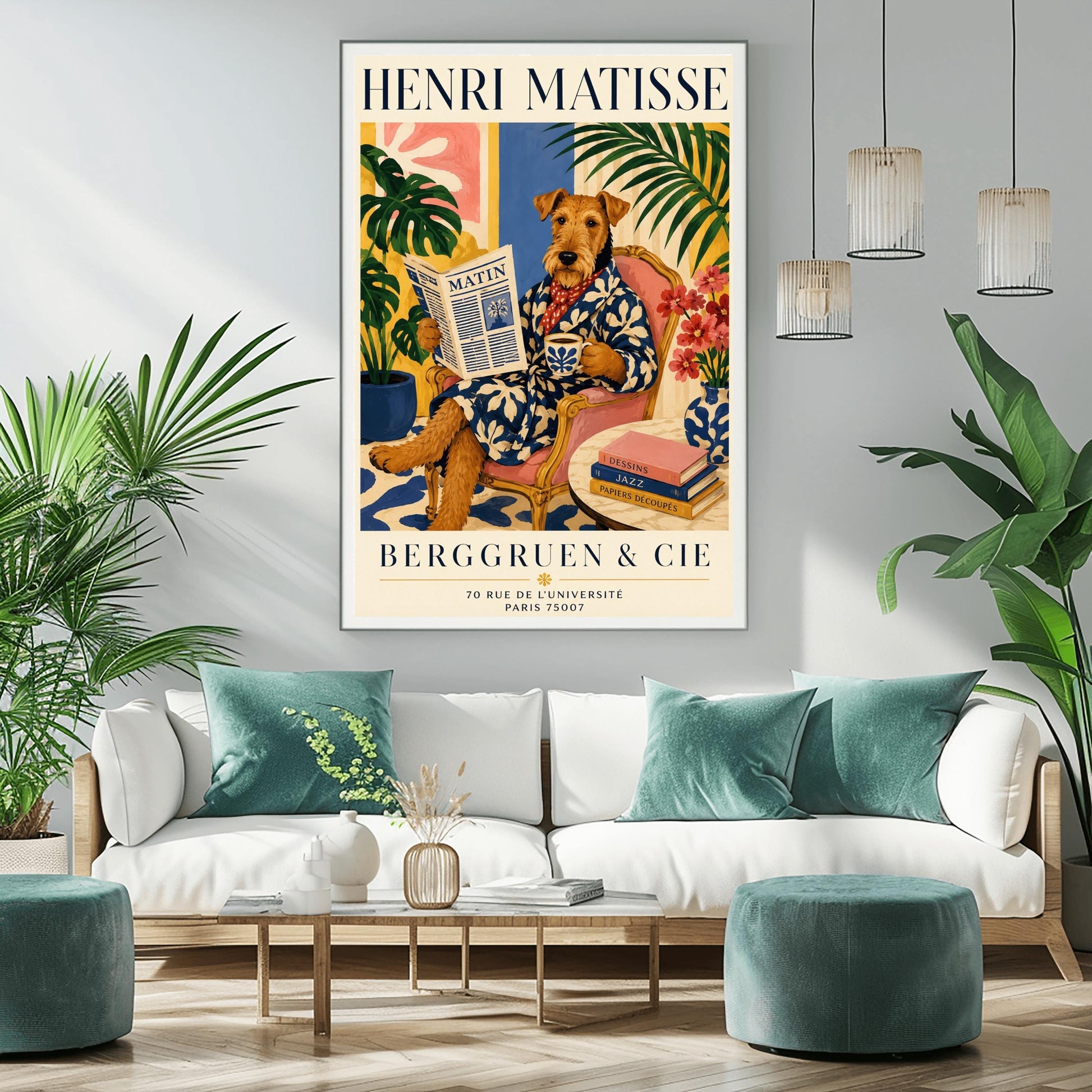 A vertical gallery exhibition poster with bold navy text reading "HENRI MATISSE" at the top and "BERGGRUEN & CIE" at the bottom. The illustration shows a brown scruffy terrier dog sitting like a human in a pink armchair with wooden frame, crossing its legs. The dog wears a navy blue robe with a white leaf pattern and a red and white polka dot scarf. It holds a coffee mug in one paw and a newspaper titled "MATIN" in the other.