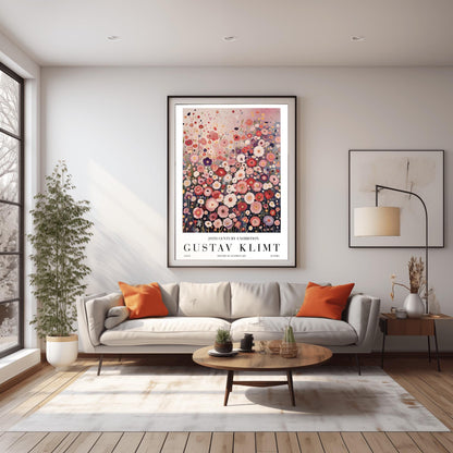 A vertical fine art painting in the style of Gustav Klimt. A dense field of stylized, circular wildflowers in shades of pink, rose, peach, and white fills the bottom two-thirds of the canvas. The background is a misty, textured gradient of soft pink and grey. The style is highly decorative with mosaic-like floral patterns and subtle golden highlights.