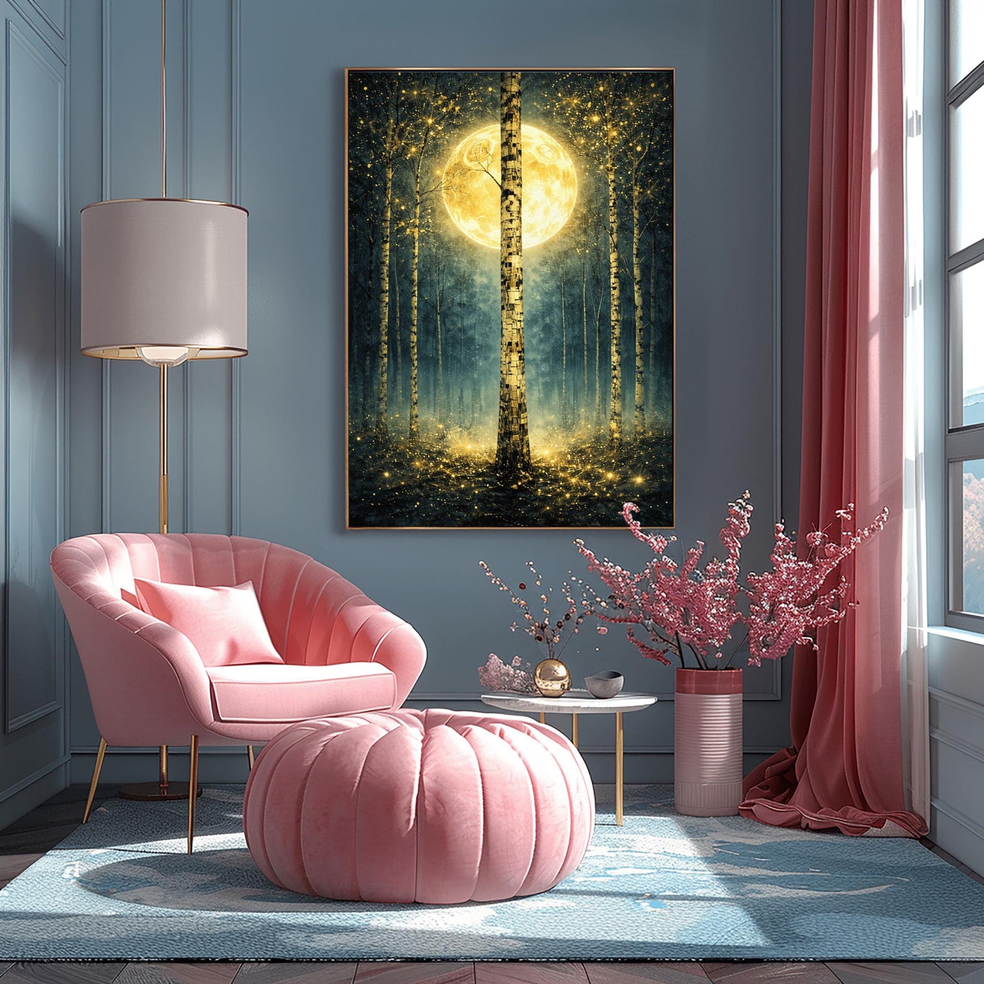 A vertical Art Nouveau-style illustration of a birch forest at night. A large golden moon hangs behind a central birch tree. The forest is filled with teal mist and shimmering golden stardust. The trees have intricate, mosaic-like textures on their bark.