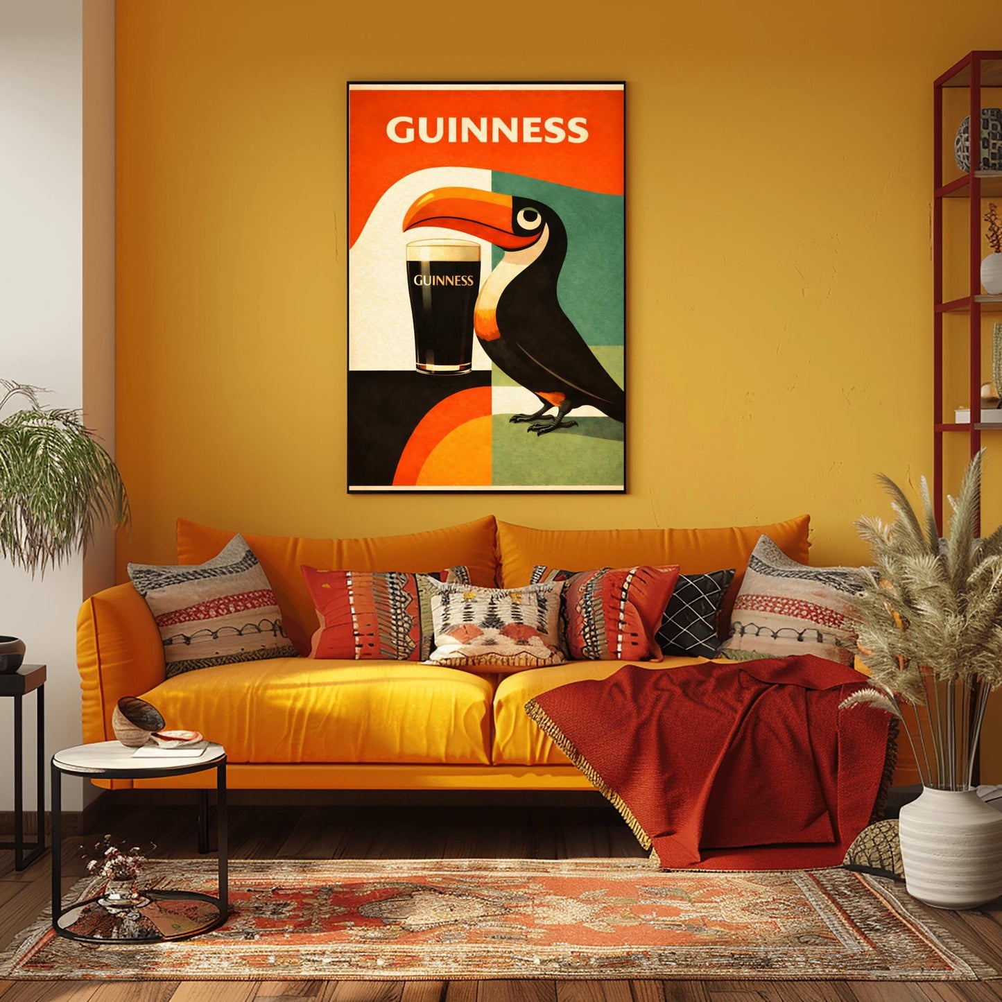 A vertical minimalist poster for Guinness in a mid-century modern style. A stylized, geometric toucan stands next to a pint of beer. The background is made of large blocks of orange, teal, and black. Bold white text at the top reads "GUINNESS."