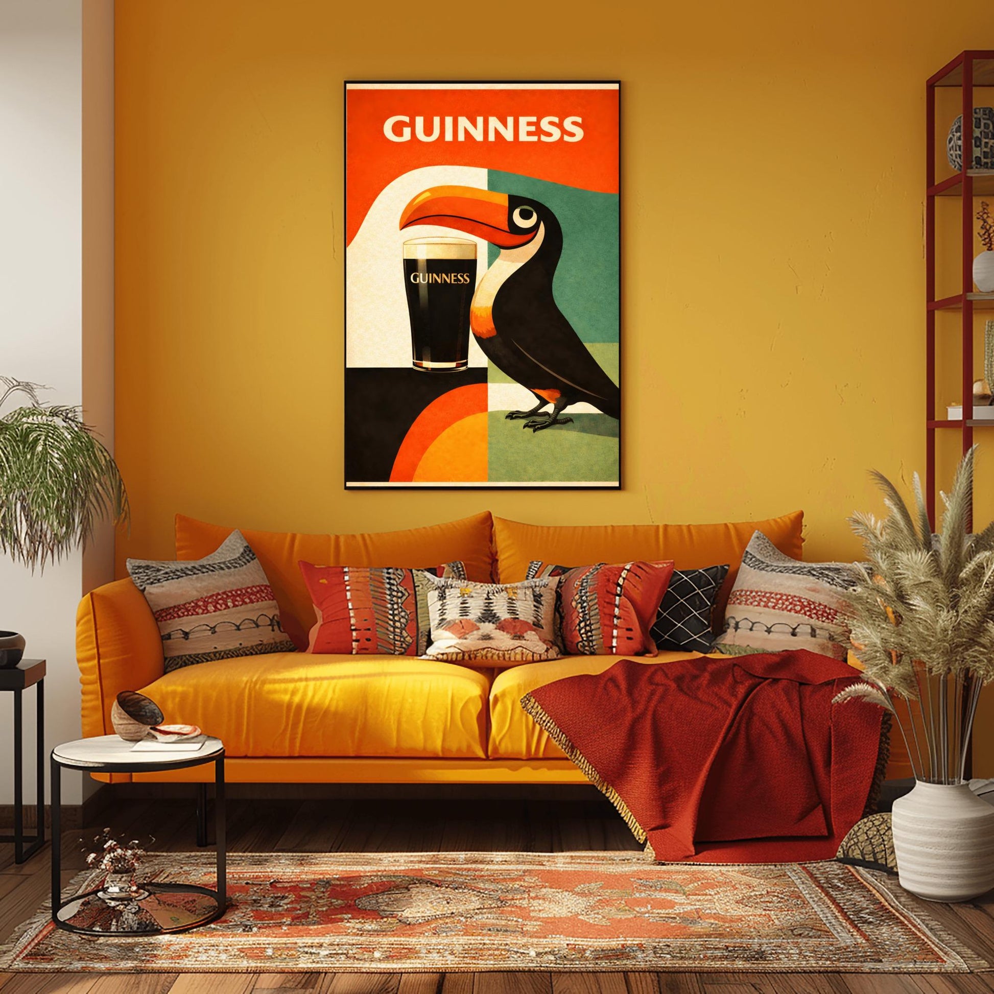 A vertical minimalist poster for Guinness in a mid-century modern style. A stylized, geometric toucan stands next to a pint of beer. The background is made of large blocks of orange, teal, and black. Bold white text at the top reads "GUINNESS."