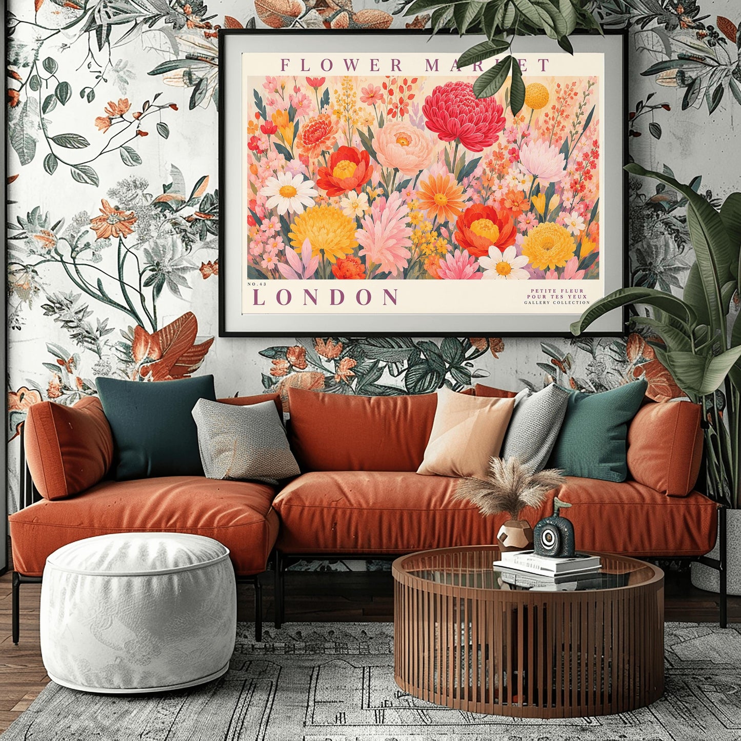 A vibrant, maximalist vintage botanical gallery poster titled "FLOWER MARKET LONDON" in elegant purple typography. The main illustration shows a dense, edge-to-edge meadow of hand-painted wildflowers. The arrangement includes a large crimson red dahlia, soft pink peonies, white daisies with yellow centers, yellow chrysanthemums, and various small orange and pink blossoms nestled among green leaves.