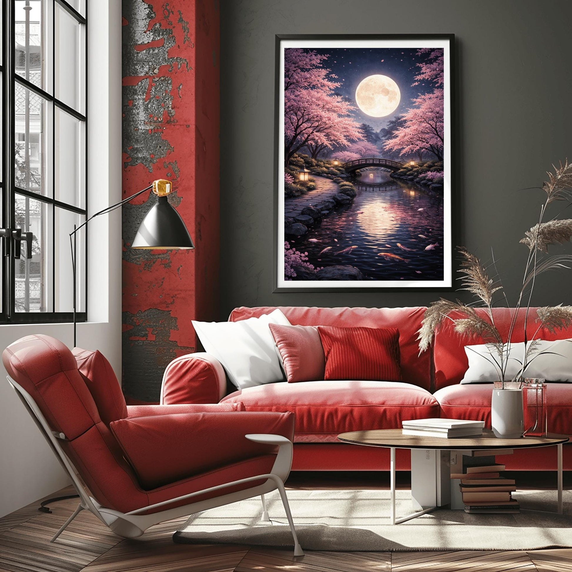A vertical illustration of a Japanese garden at night in a Klimt-inspired mosaic style. A large full moon shines over a curved bridge and a koi pond. Glowing pink cherry blossom trees frame the scene. Stone lanterns light a stone path in the foreground.