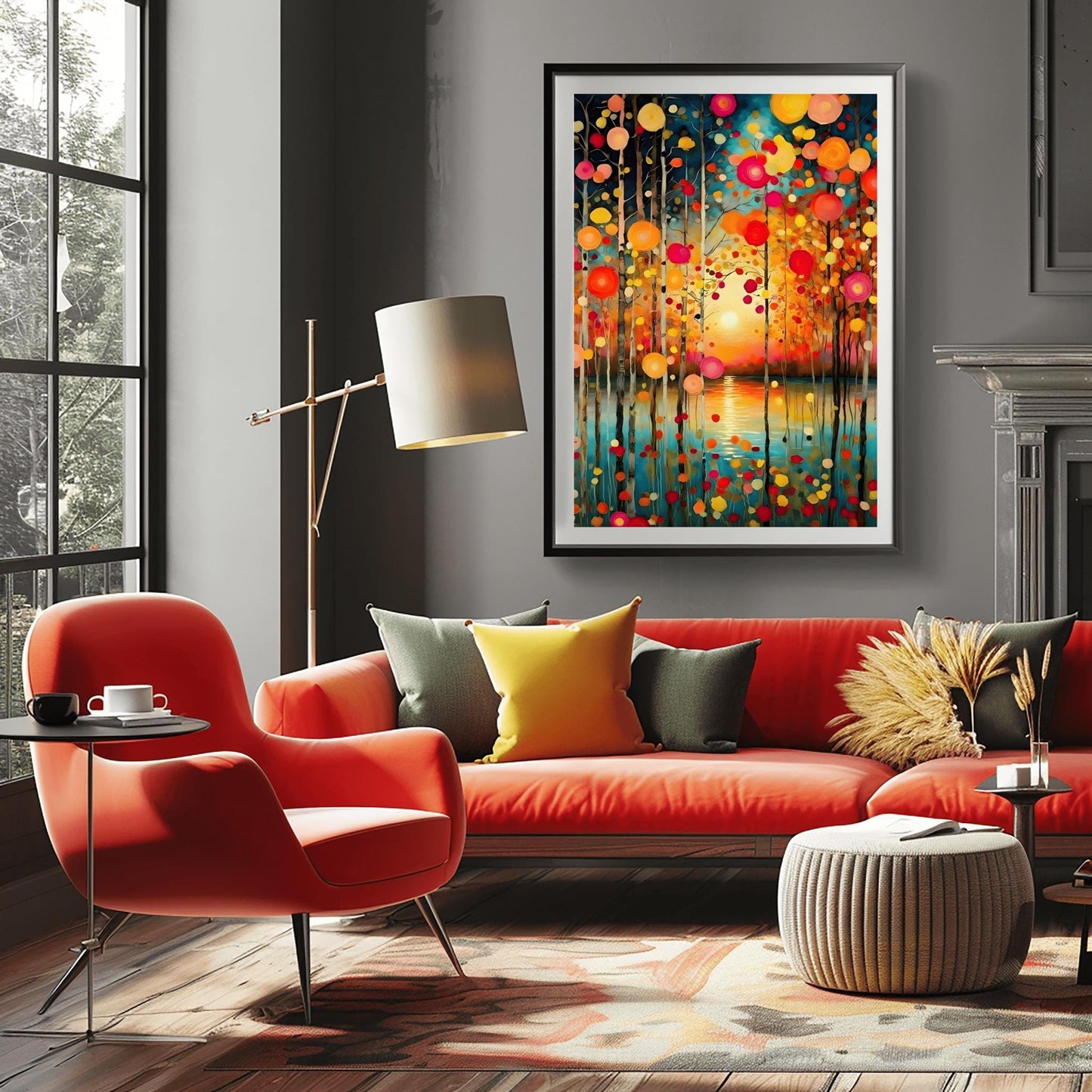 A vertical oil painting in the style of Gustav Klimt. Slender birch trees stand in the foreground of a calm turquoise lake. A soft, glowing sun is centered on the horizon, reflecting in the water. The trees are decorated with floating, circular mosaic leaves in vibrant shades of red, orange, and yellow. The style is highly textured with decorative patterns throughout the sky and water.