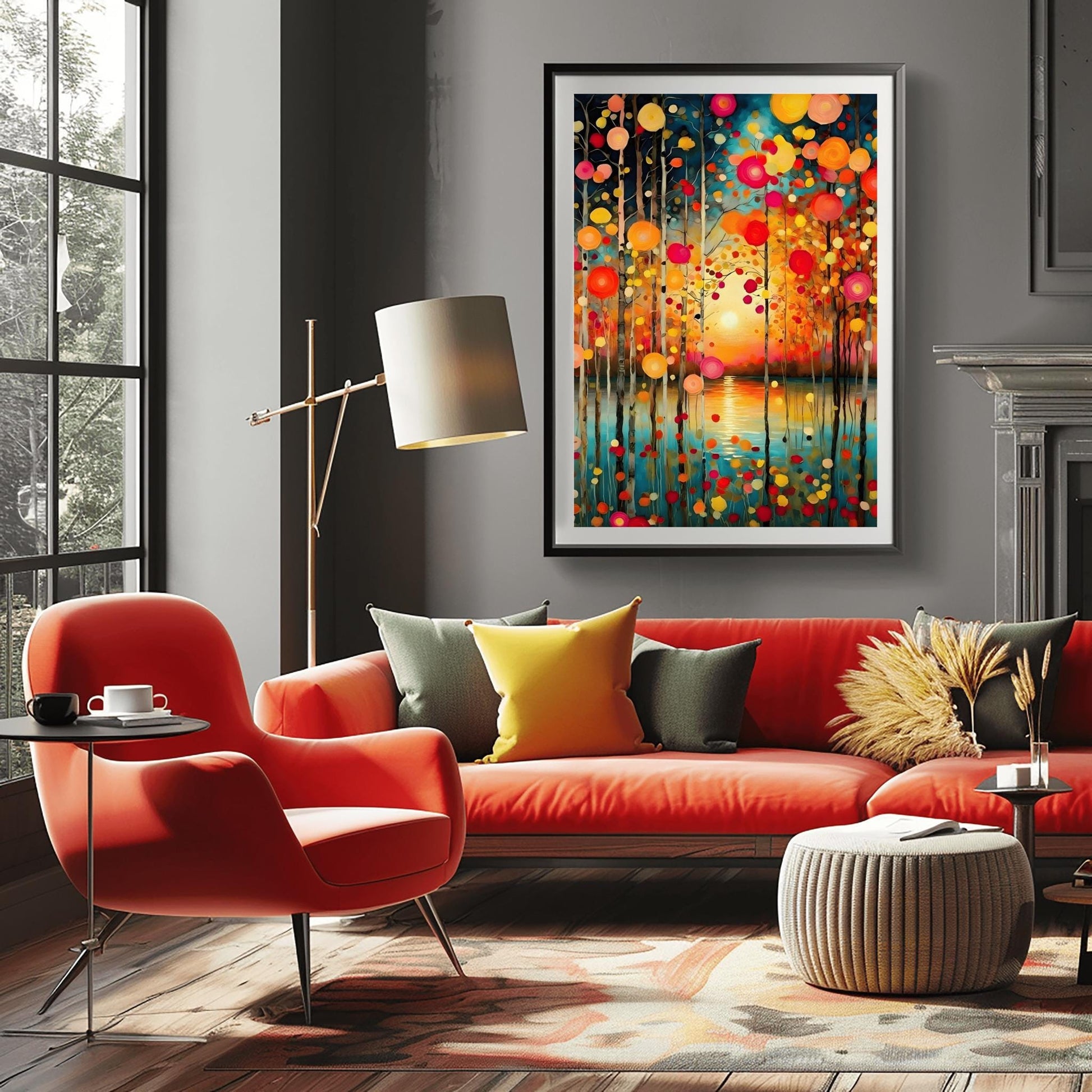 A vertical oil painting in the style of Gustav Klimt. Slender birch trees stand in the foreground of a calm turquoise lake. A soft, glowing sun is centered on the horizon, reflecting in the water. The trees are decorated with floating, circular mosaic leaves in vibrant shades of red, orange, and yellow. The style is highly textured with decorative patterns throughout the sky and water.