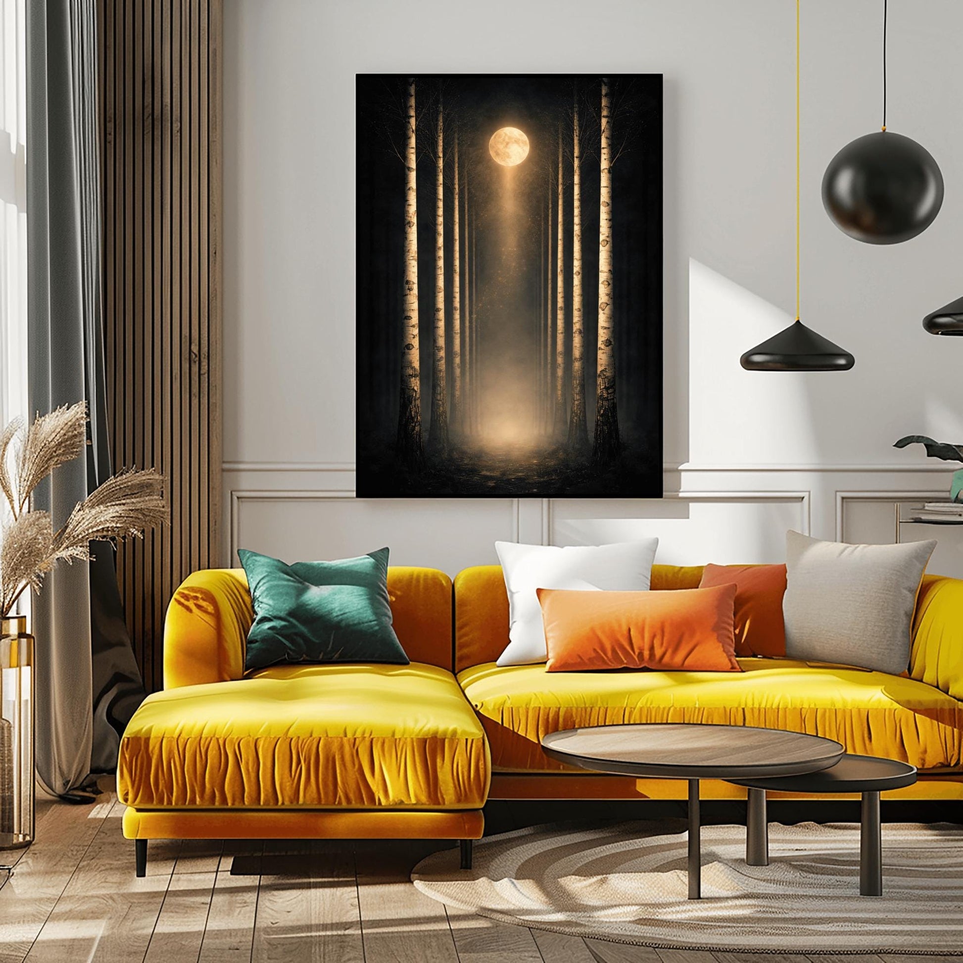 A vertical, perfectly symmetrical illustration of a birch forest at night. Three slender birch trees frame each side of a central path. A golden moon at the top center casts a beam of light downward onto a glowing forest floor. The trees feature intricate golden mosaic bark.