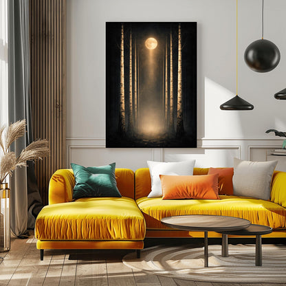 A vertical, perfectly symmetrical illustration of a birch forest at night. Three slender birch trees frame each side of a central path. A golden moon at the top center casts a beam of light downward onto a glowing forest floor. The trees feature intricate golden mosaic bark.