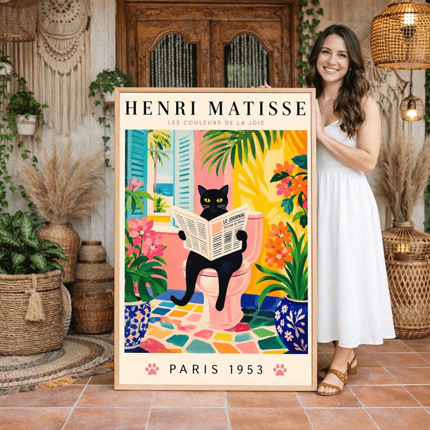 A vertical gallery poster on a cream background titled "HENRI MATISSE - LES COULEURS DE LA JOIE" in black and pink font. The central image shows a sleek black cat with bright yellow eyes sitting on a pastel pink toilet, reading a French newspaper titled "LE JOURNAL". The bathroom features an open window with blue shutters looking out at a beach, ocean, and palm trees. The room is decorated with lush green plants, potted orange flowers, and a colorful mosaic stone floor.