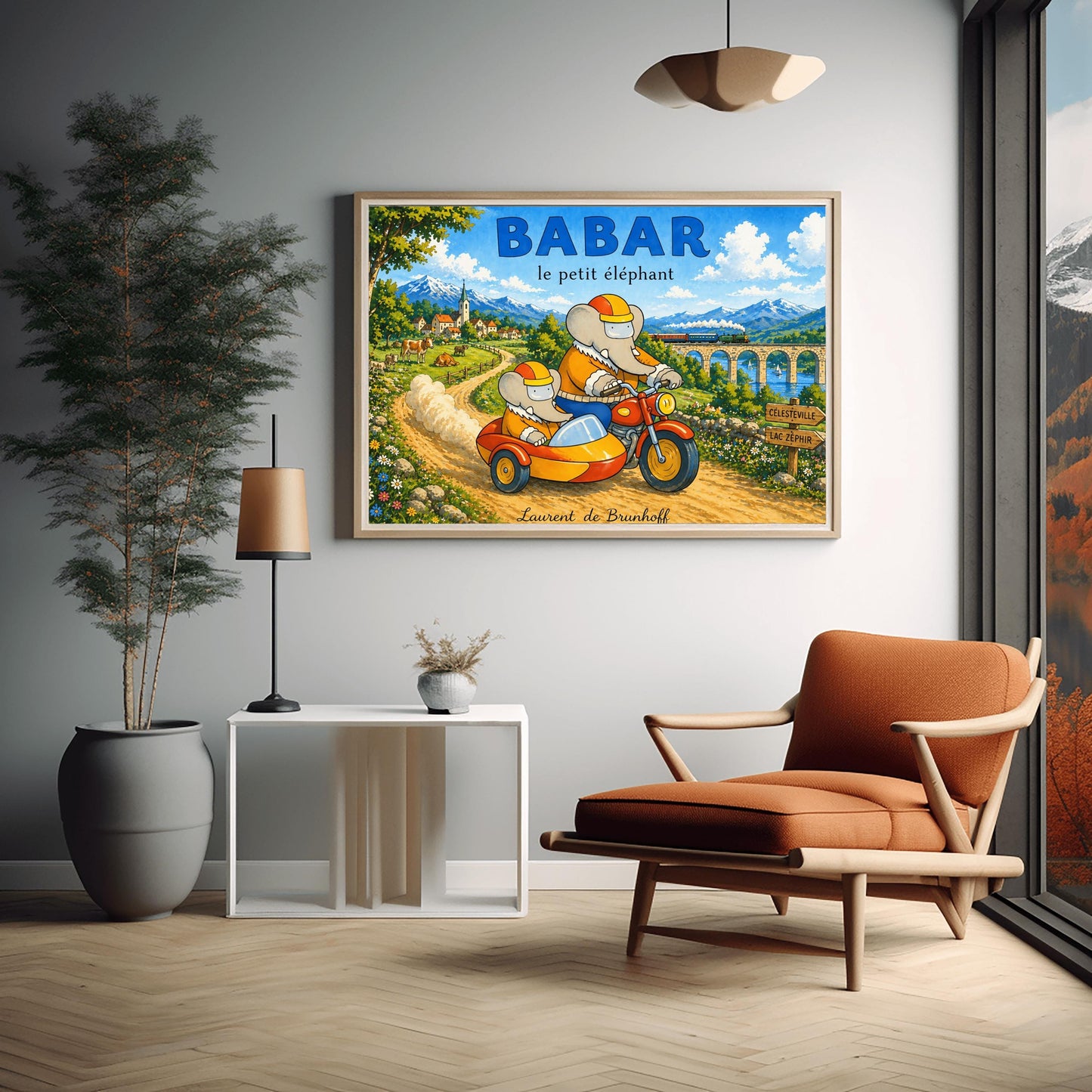 A horizontal watercolor illustration featuring Babar the Elephant and a smaller elephant riding a red motorcycle with a yellow sidecar down a dirt road. Both wear orange jackets and orange-and-yellow helmets. They are driving away from a European village toward a valley where a train crosses a stone bridge. In the background are tall, snow-capped mountains under a blue sky. A wooden sign points toward "Célesteville" and "Lac Zéphir."