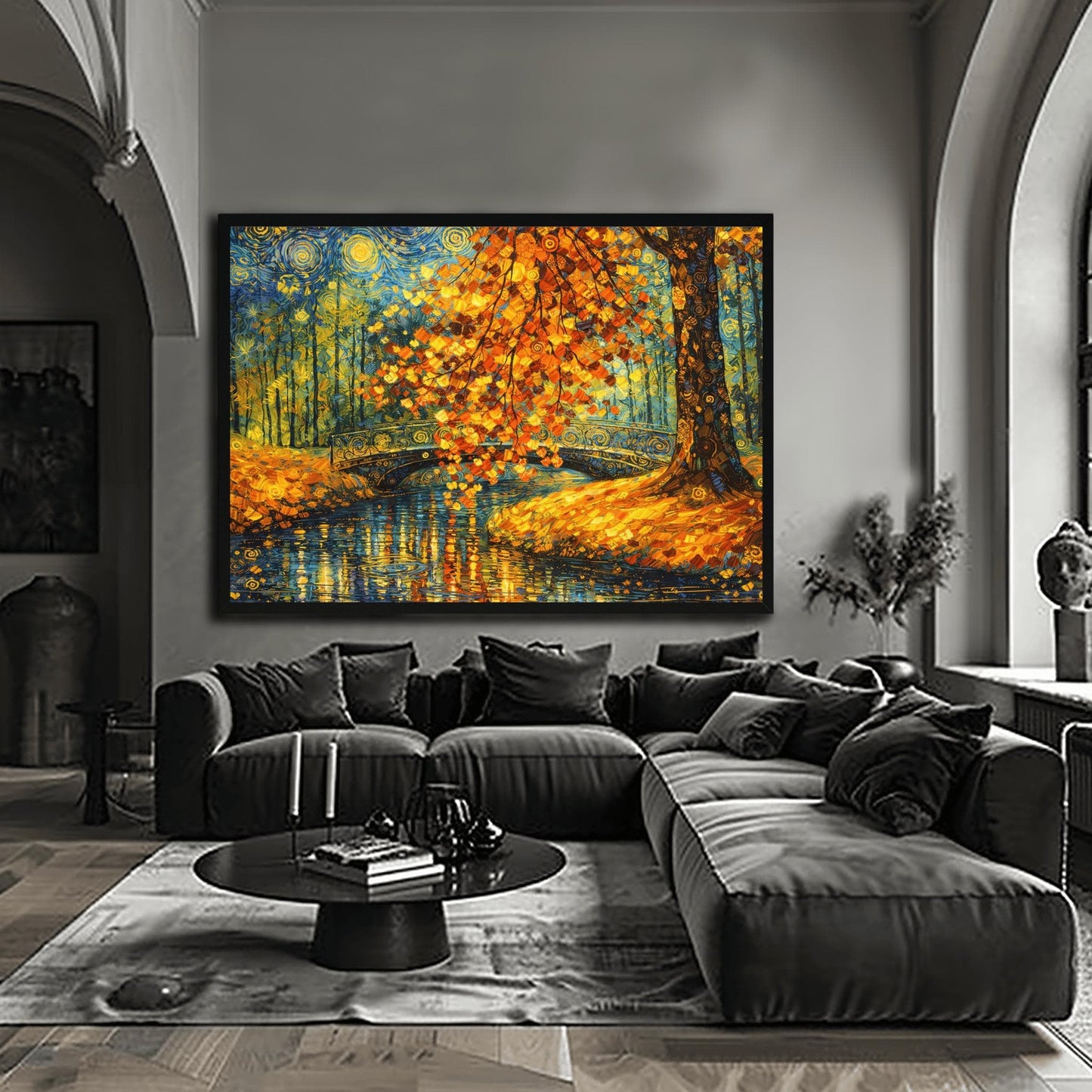 A horizontal landscape art print in the style of Gustav Klimt. A large tree with shimmering golden and orange mosaic-style leaves hangs over a dark blue pond. An ornate black bridge with golden spiral patterns crosses the water in the background. The sky is filled with stylized yellow swirls and stars. The ground is covered in golden leaves, and the entire scene is rich with decorative textures and vibrant metallic tones.