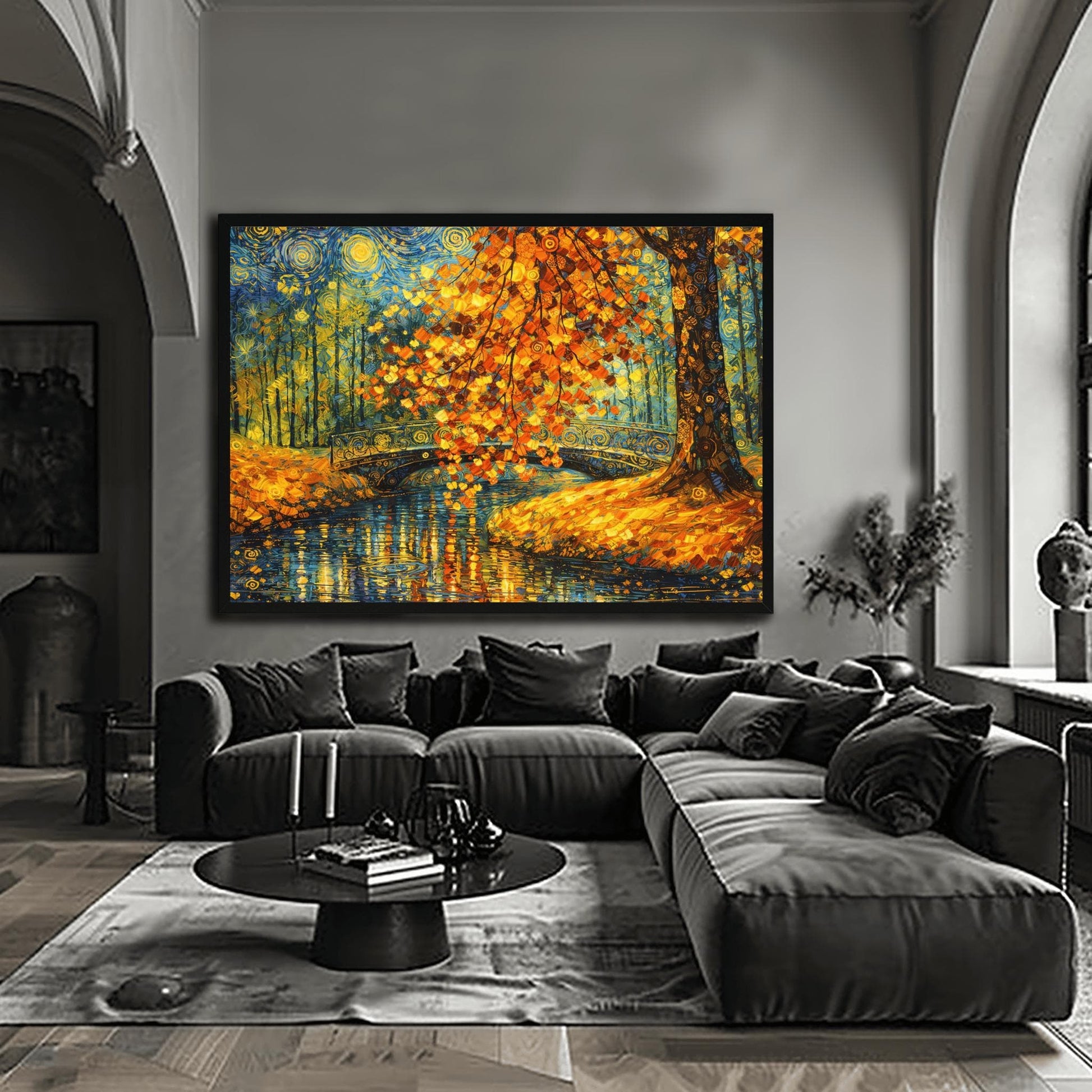 A horizontal landscape art print in the style of Gustav Klimt. A large tree with shimmering golden and orange mosaic-style leaves hangs over a dark blue pond. An ornate black bridge with golden spiral patterns crosses the water in the background. The sky is filled with stylized yellow swirls and stars. The ground is covered in golden leaves, and the entire scene is rich with decorative textures and vibrant metallic tones.