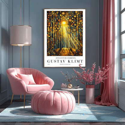 A vertical museum exhibition poster in the style of Gustav Klimt. Dark, slender tree trunks stand in a forest where the sky and ground are made of dense gold and blue mosaic circles. A bright sun in the upper center casts long, sharp pillars of light down to the forest floor. Bold black text at the bottom reads "GUSTAV KLIMT" and "HISTORY OF AUSTRIAN ART."