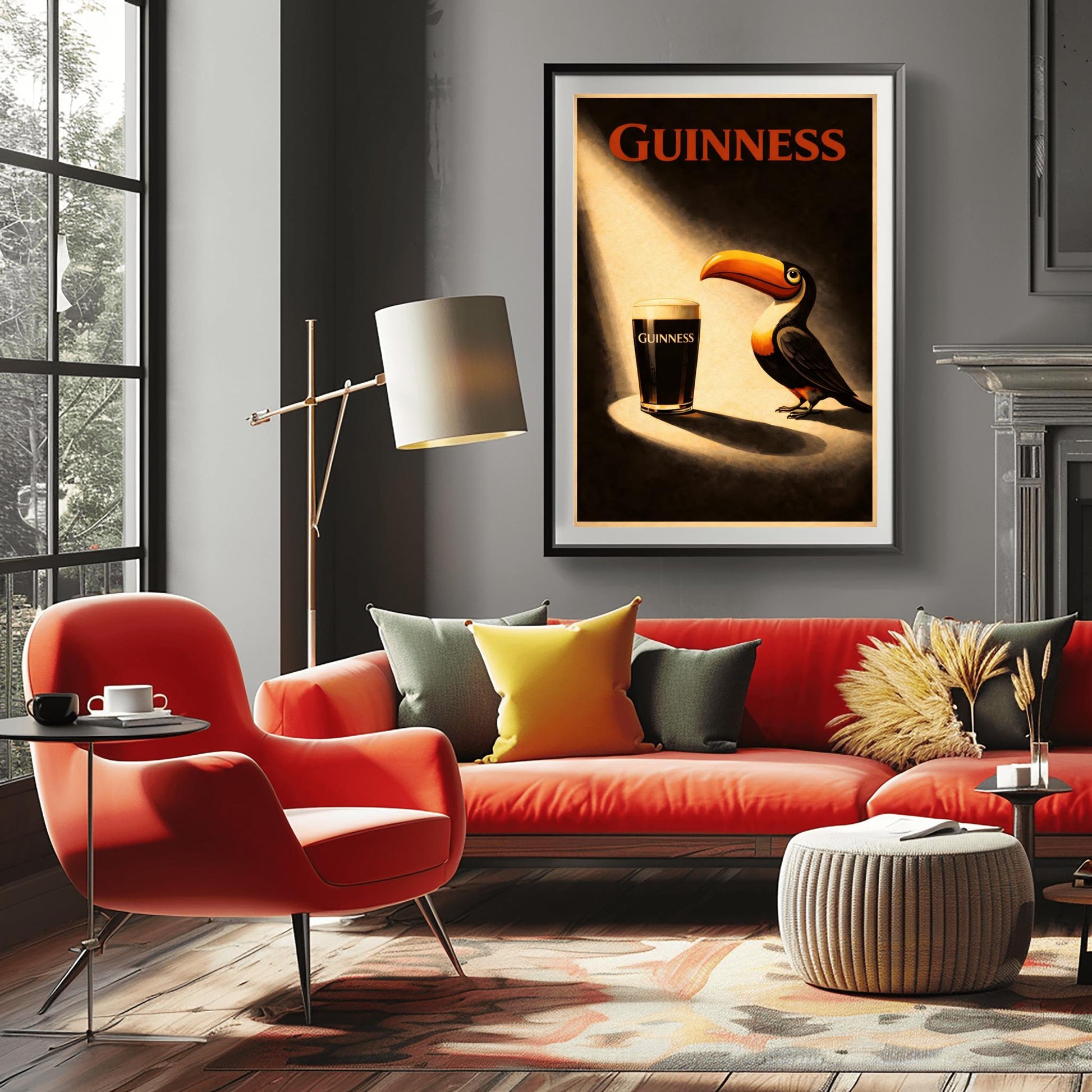 A vertical vintage-style poster. A bright spotlight shines down on a pint of Guinness with a creamy head. A colorful toucan stands in the light next to the glass, looking at it. The background is dark and moody with "GUINNESS" written in red at the top.