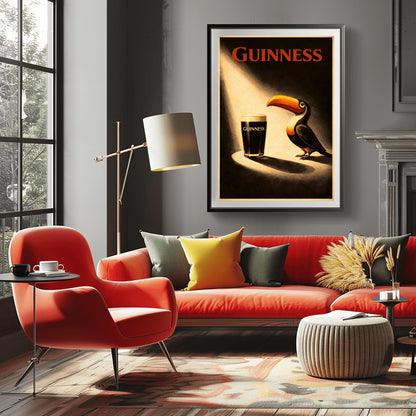 A vertical vintage-style poster. A bright spotlight shines down on a pint of Guinness with a creamy head. A colorful toucan stands in the light next to the glass, looking at it. The background is dark and moody with "GUINNESS" written in red at the top.