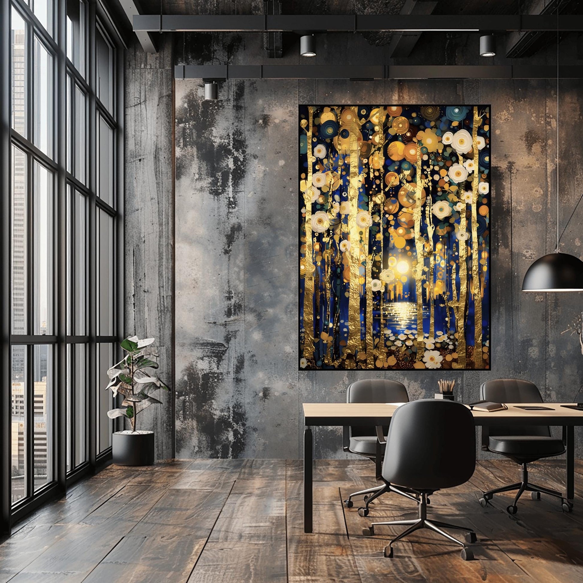 A vertical fine art print in the style of Gustav Klimt. Slender, textured gold leaf tree trunks stand against a dark midnight blue background. The sky and ground are filled with glowing white and gold circular flower patterns. In the center, a distant moon reflects in a small pool of water.