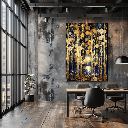 A vertical fine art print in the style of Gustav Klimt. Slender, textured gold leaf tree trunks stand against a dark midnight blue background. The sky and ground are filled with glowing white and gold circular flower patterns. In the center, a distant moon reflects in a small pool of water.