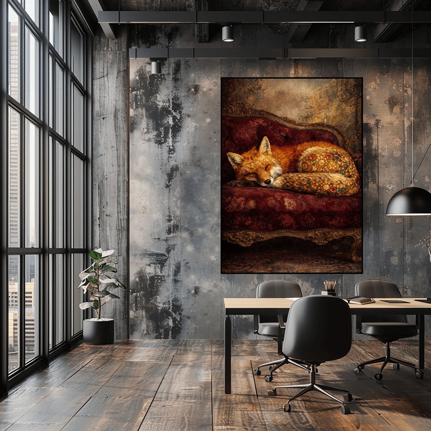 Gustav Klimt Sleeping Fox Art - Ornamental Surrealism Forest Animal Print - Luxury Gold & Crimson Velvet Decor - Gilded Red Fox Fine Art - Moody Maximalist Wall Decor