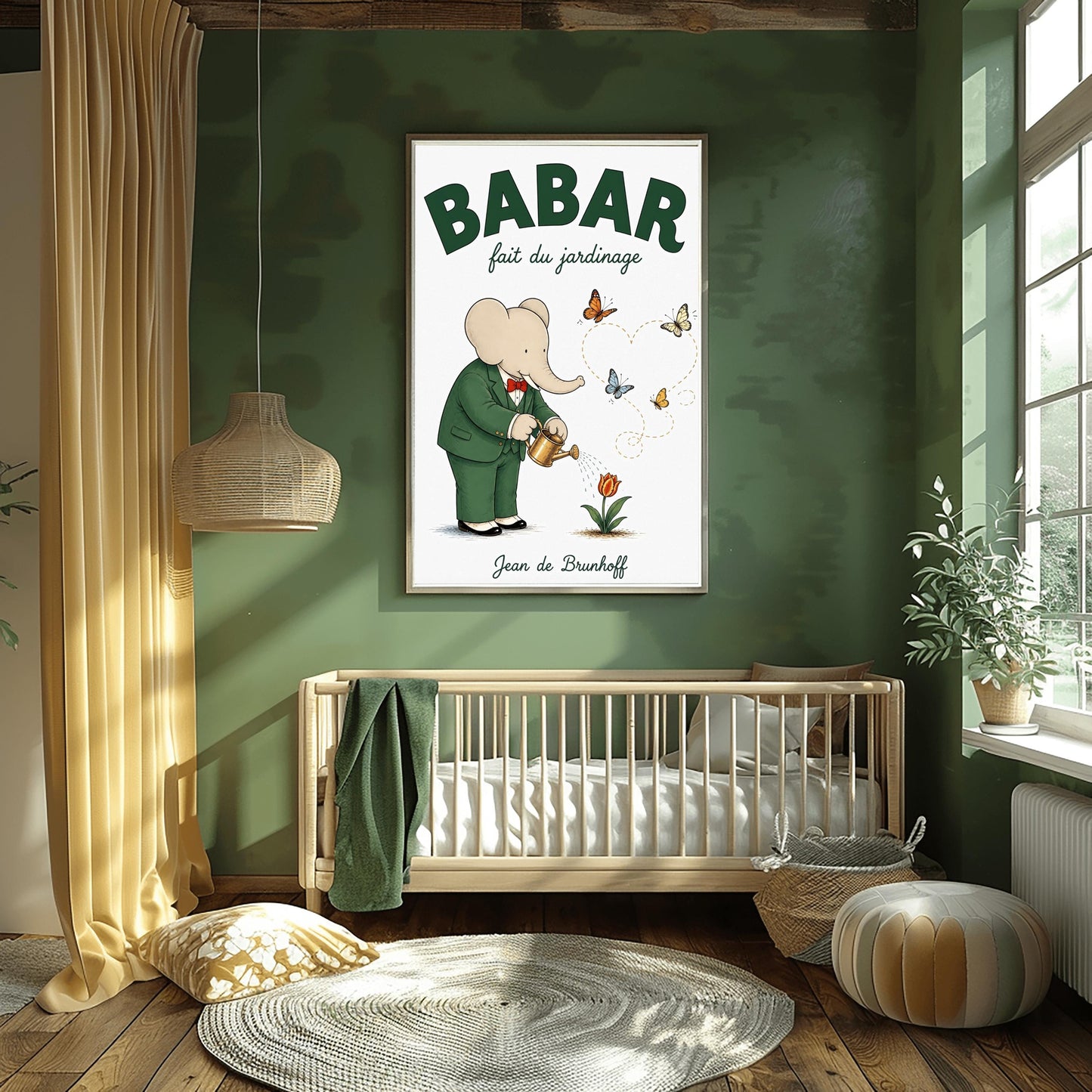 A vertical fine art exhibition poster featuring a classic illustration of Babar the Elephant by Jean de Brunhoff. Set within a wide white border on a textured off-white background, the elephant is shown in a green suit and red bowtie watering a red tulip with a gold can. Four butterflies fly nearby, leaving a dotted line that forms a heart shape. Bold green text at the top reads "BABAR fait du jardinage".