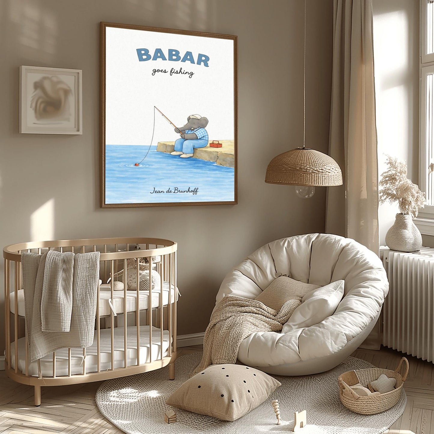 A vertical art print titled "BABAR goes fishing" in large blue letters. A grey elephant sits on a tan rocky pier overlooking blue water. He is wearing a blue and white checkered shirt, light blue overalls, and a white cap. He holds a thin fishing rod, and his line is in the water with a small red bobber. A red tackle box sits on the dock behind him. The name "Jean de Brunhoff" is at the bottom.