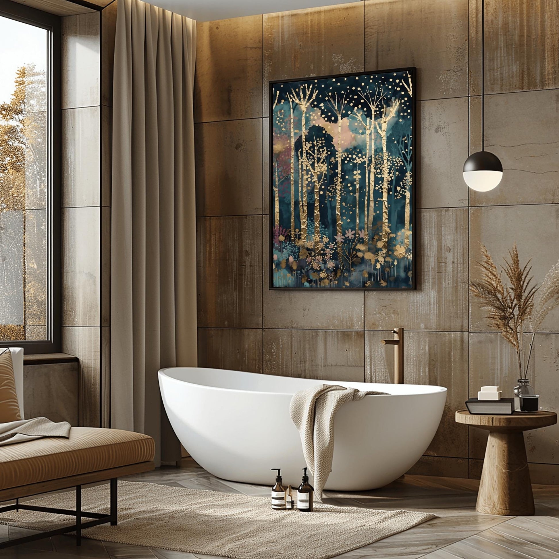 A vertical fine art painting in the style of Gustav Klimt. Tall, slender birch trees with heavy gold-leaf textures and dark geometric patterns rise against a dark teal and navy midnight sky. The sky is filled with floating golden orbs and stardust. At the bottom, a delicate layer of pink and blue stylized flowers grows among the roots. The overall mood is quiet, luxurious, and magical.