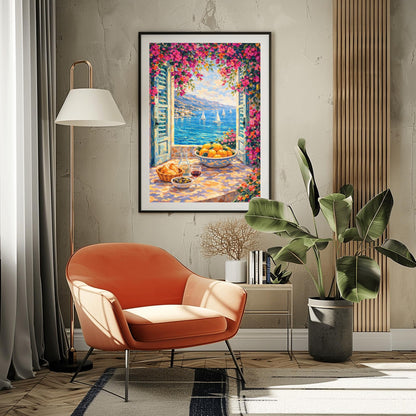 A vertical painterly illustration looking through open blue shutters at a blue sea with sailboats. Pink bougainvillea flowers frame the top and side. On the windowsill sits a glass of red wine, olives, bread, and a large bowl of oranges.