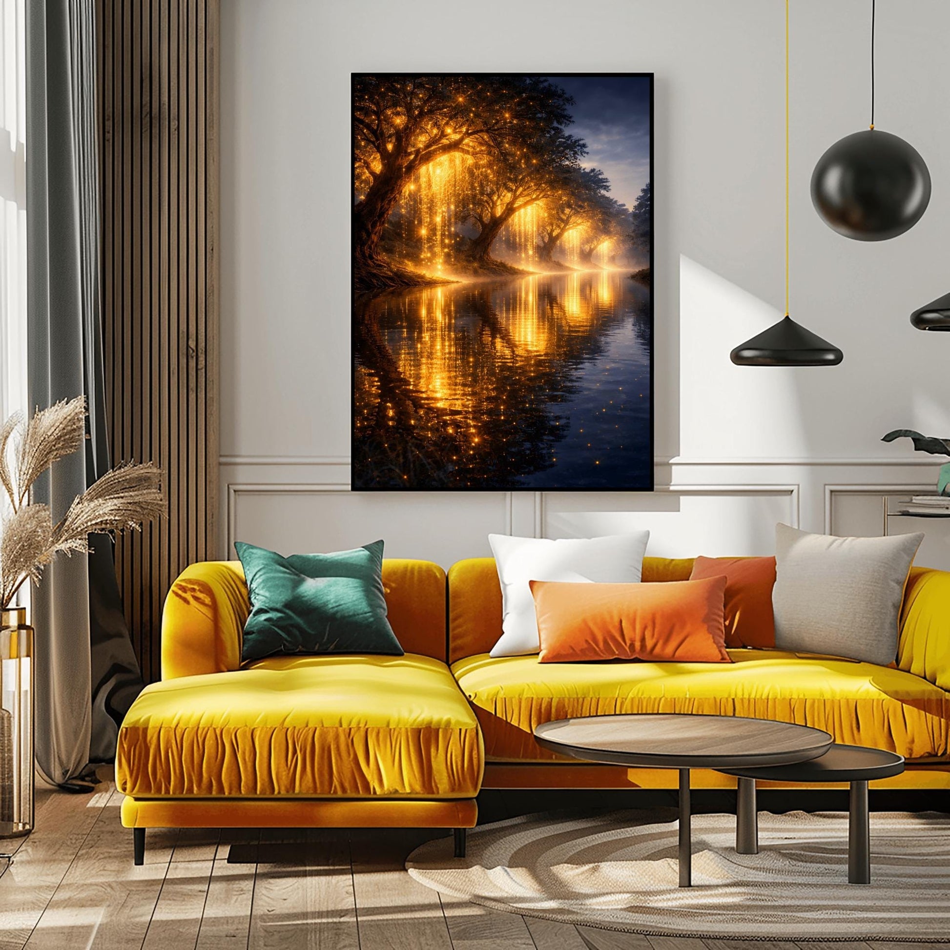 A vertical full-bleed landscape illustration in the style of Gustav Klimt. A row of weeping willow trees with branches made of liquid gold and sparkling embers lines a dark, tranquil river. The golden light reflects brilliantly on the water's surface under a dark twilight sky.