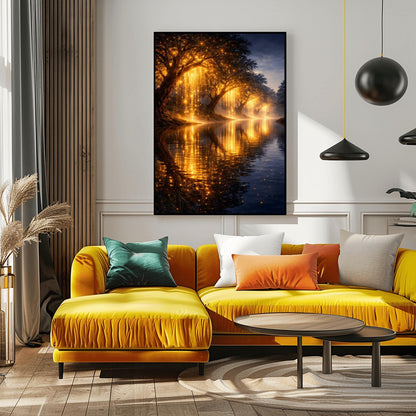 A vertical full-bleed landscape illustration in the style of Gustav Klimt. A row of weeping willow trees with branches made of liquid gold and sparkling embers lines a dark, tranquil river. The golden light reflects brilliantly on the water's surface under a dark twilight sky.