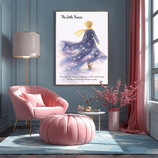 A vertical illustration poster titled "The Little Prince" in elegant script. A young boy with golden hair and a yellow scarf is seen from behind, walking into a white, misty background. He wears a long blue coat that looks like a starry galaxy, filled with glowing stars and purple nebulae. At the bottom, a quote about stars being guides for travelers is written in a simple black font.