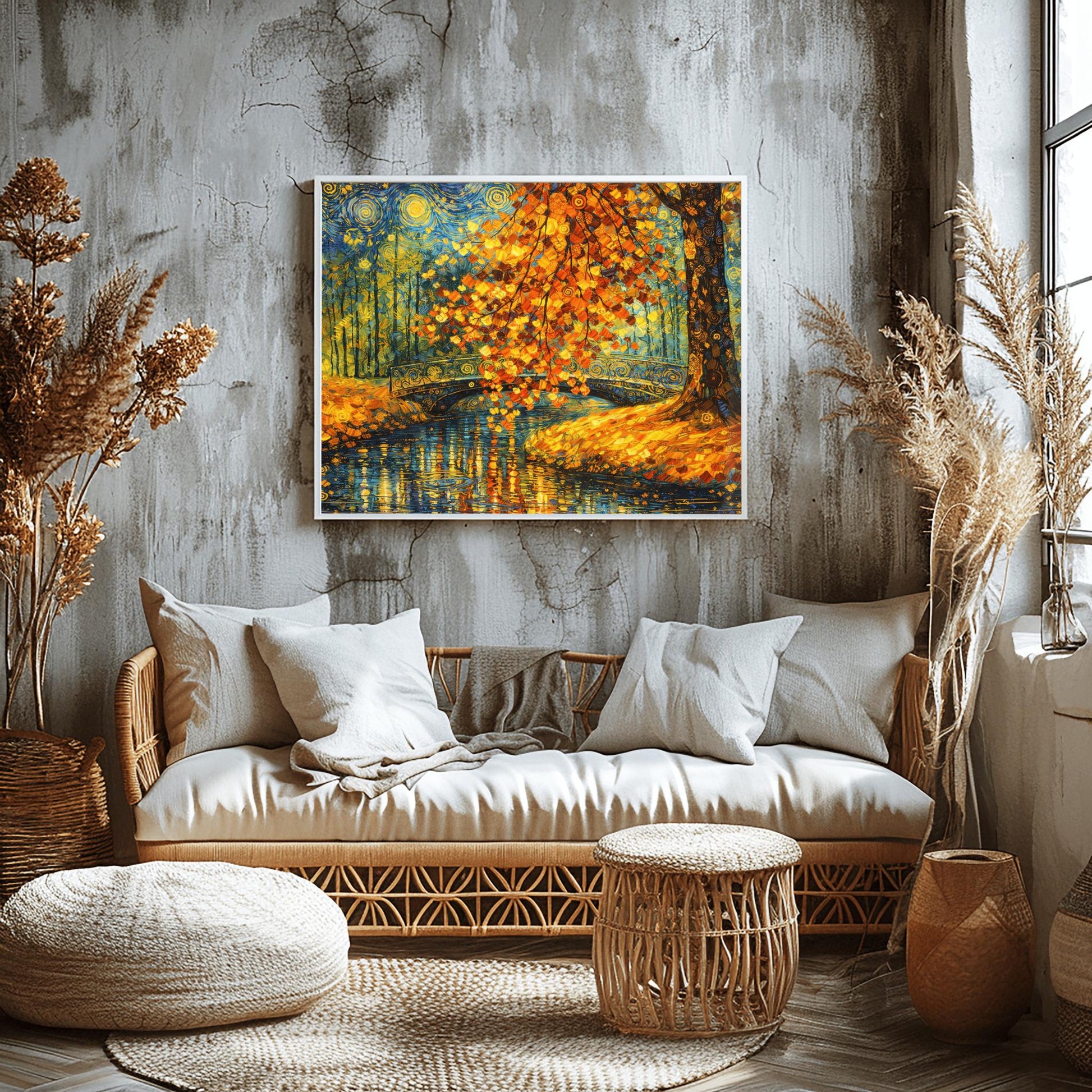 A horizontal landscape art print in the style of Gustav Klimt. A large tree with shimmering golden and orange mosaic-style leaves hangs over a dark blue pond. An ornate black bridge with golden spiral patterns crosses the water in the background. The sky is filled with stylized yellow swirls and stars. The ground is covered in golden leaves, and the entire scene is rich with decorative textures and vibrant metallic tones.